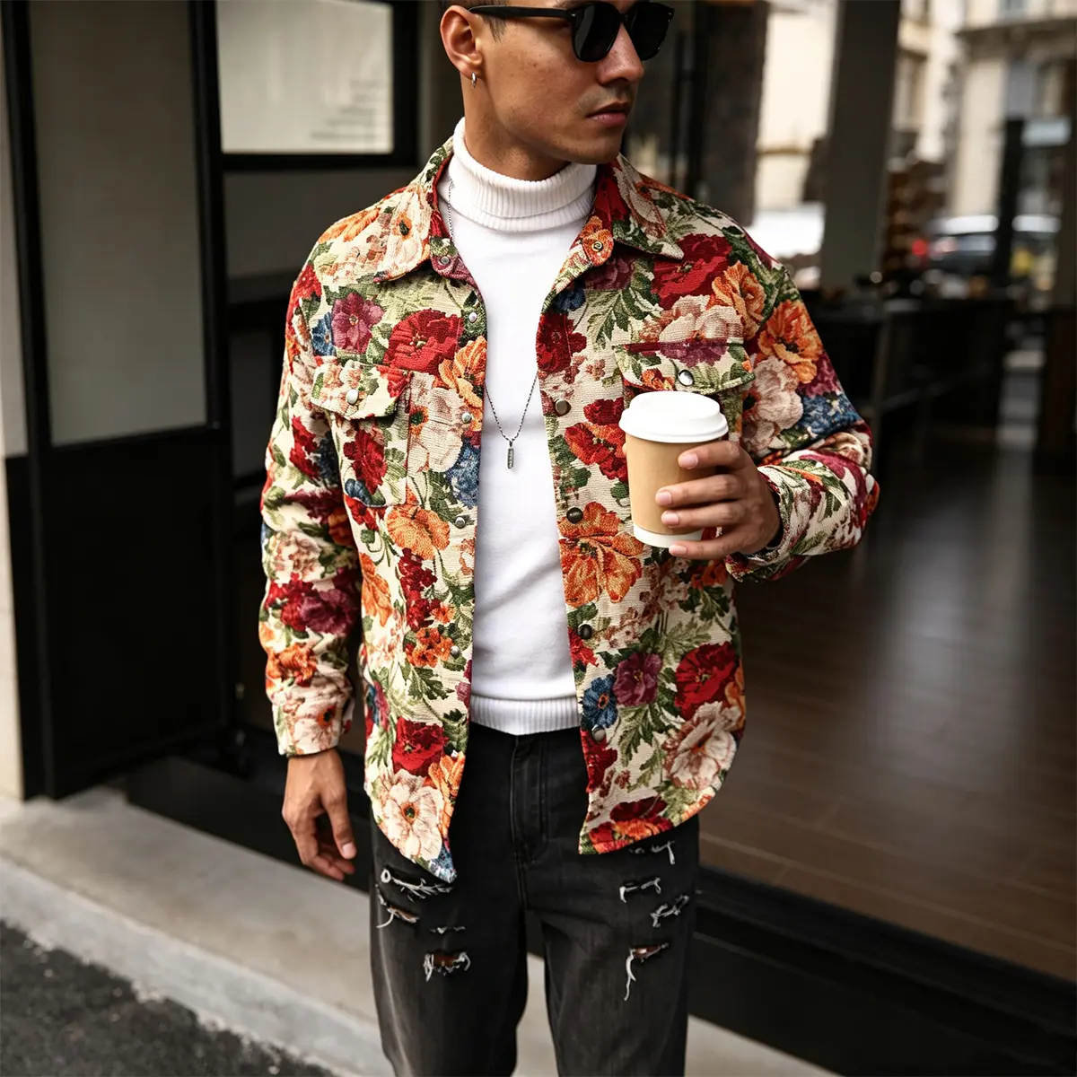 Men Fashion Vintage Floral Jacquard Shirt‑Jacket, Lapel Collar Button Front, Dual Flap Chest Pockets, Button‑Fastened Cuffs, Curved Hem Relaxed Fit Tapestry Outer Coat For Daily Outing