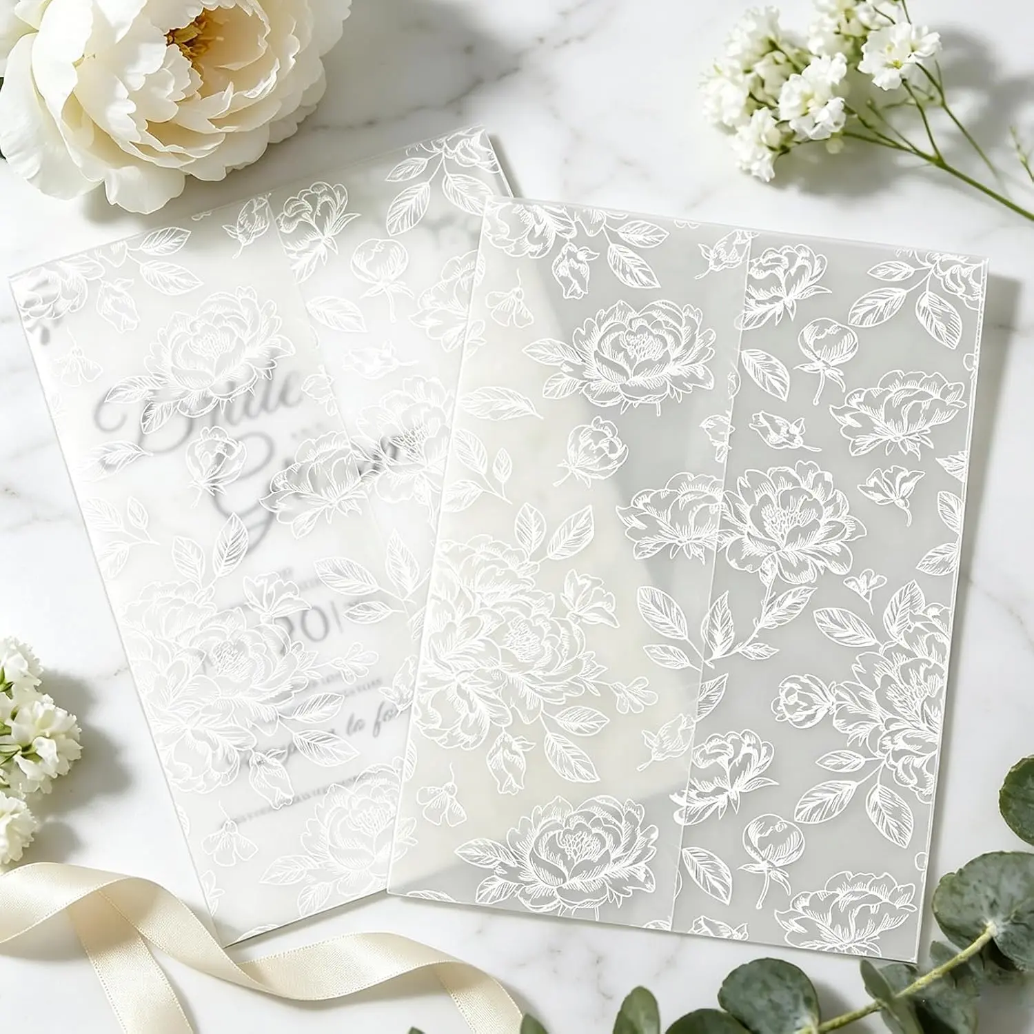 50 Pack Pre-Folded Vellum Jackets for 5x7 Invitations - White  - Printed Translucent Vellum Jacket,Vellum Wraps for Wedding Invitations Sleeves Cover,  Shower, Birthday