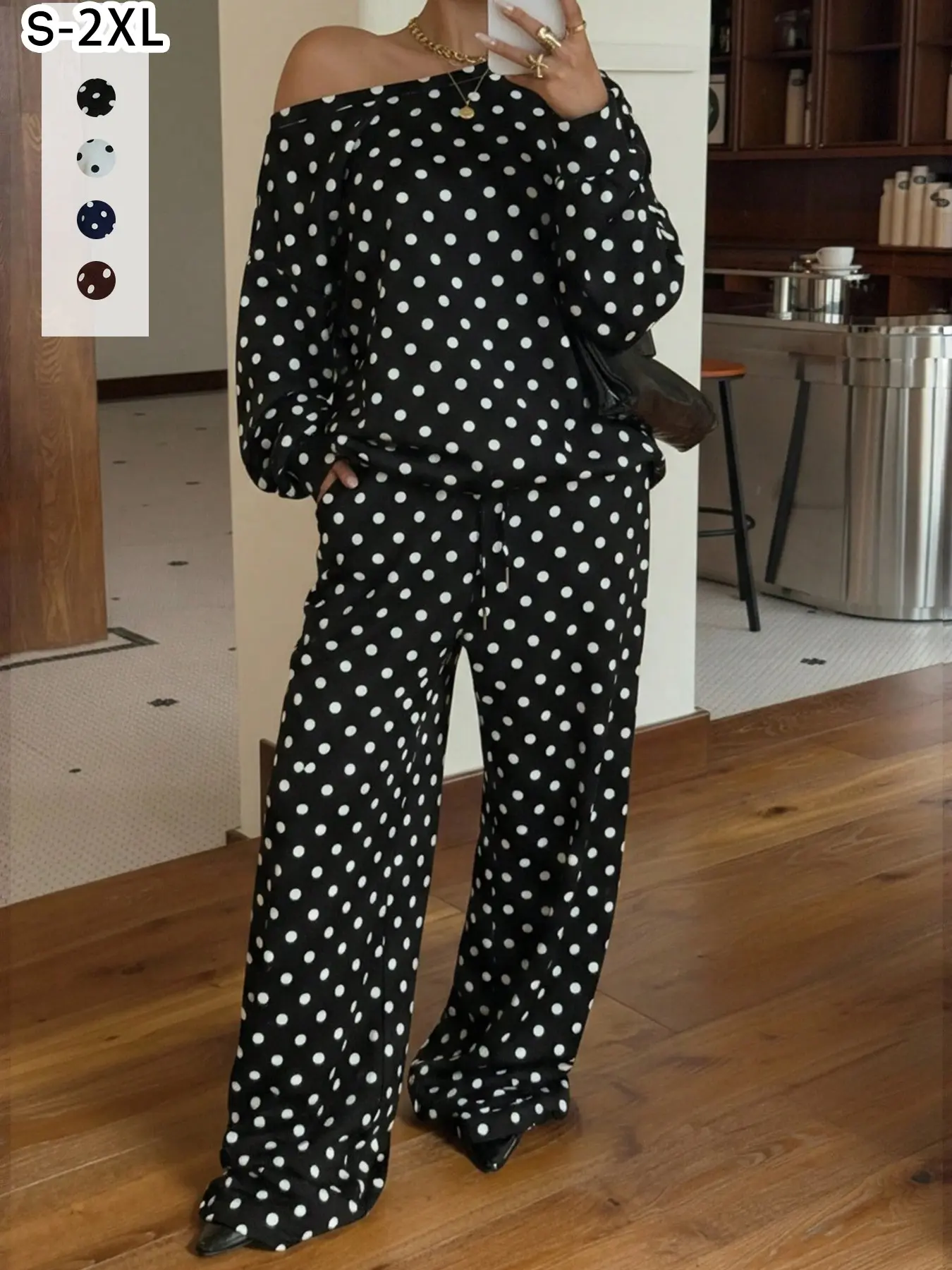 Women's Polka Dot Off-Shoulder Loose Pajama Set, Cozy Fall Winter, Comfortable with Pockets, Streetwear, Home Wear & Loungewear