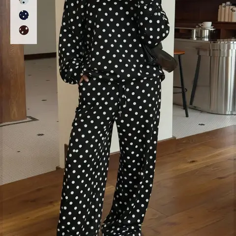Women's Polka Dot Off-Shoulder Loose Pajama Set, Cozy Fall Winter, Comfortable with Pockets, Streetwear, Home Wear, Sets Pajama