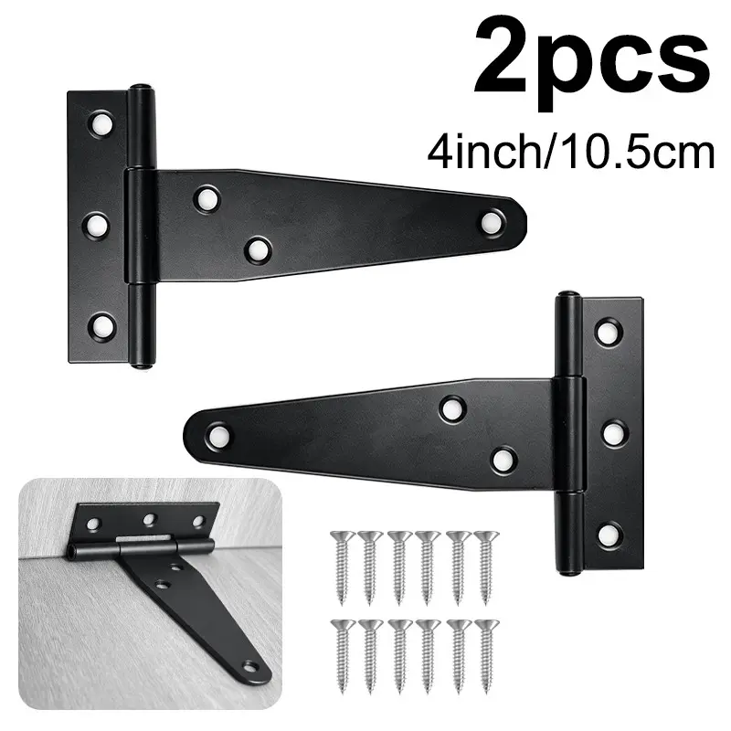2-PCS Black Heavy-Duty T-Hinges (2 hinges with 12 screws): Vintage-style Rustic door hinges available in 3", 4", and 6" sizes; 270° rotation; suitable for barn doors, wooden fences, cabinets, garden gates, enclosure gates, garages, and furniture.
