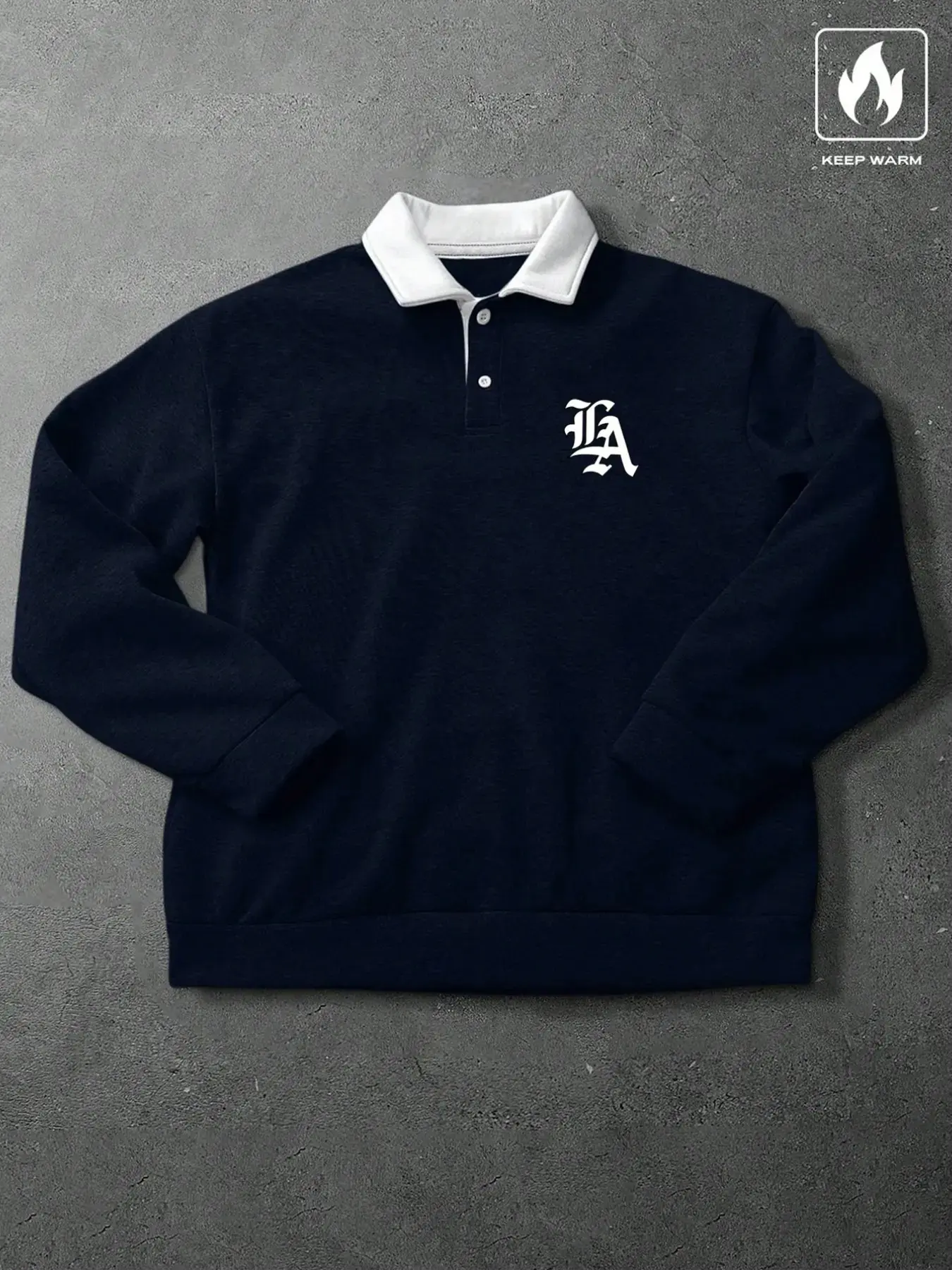 American College Style Contrast Collar La Logo Polo Sweatshirt, Men's Casual Long Sleeve Top, Fall & Winter Loose-Fitting Oversize
