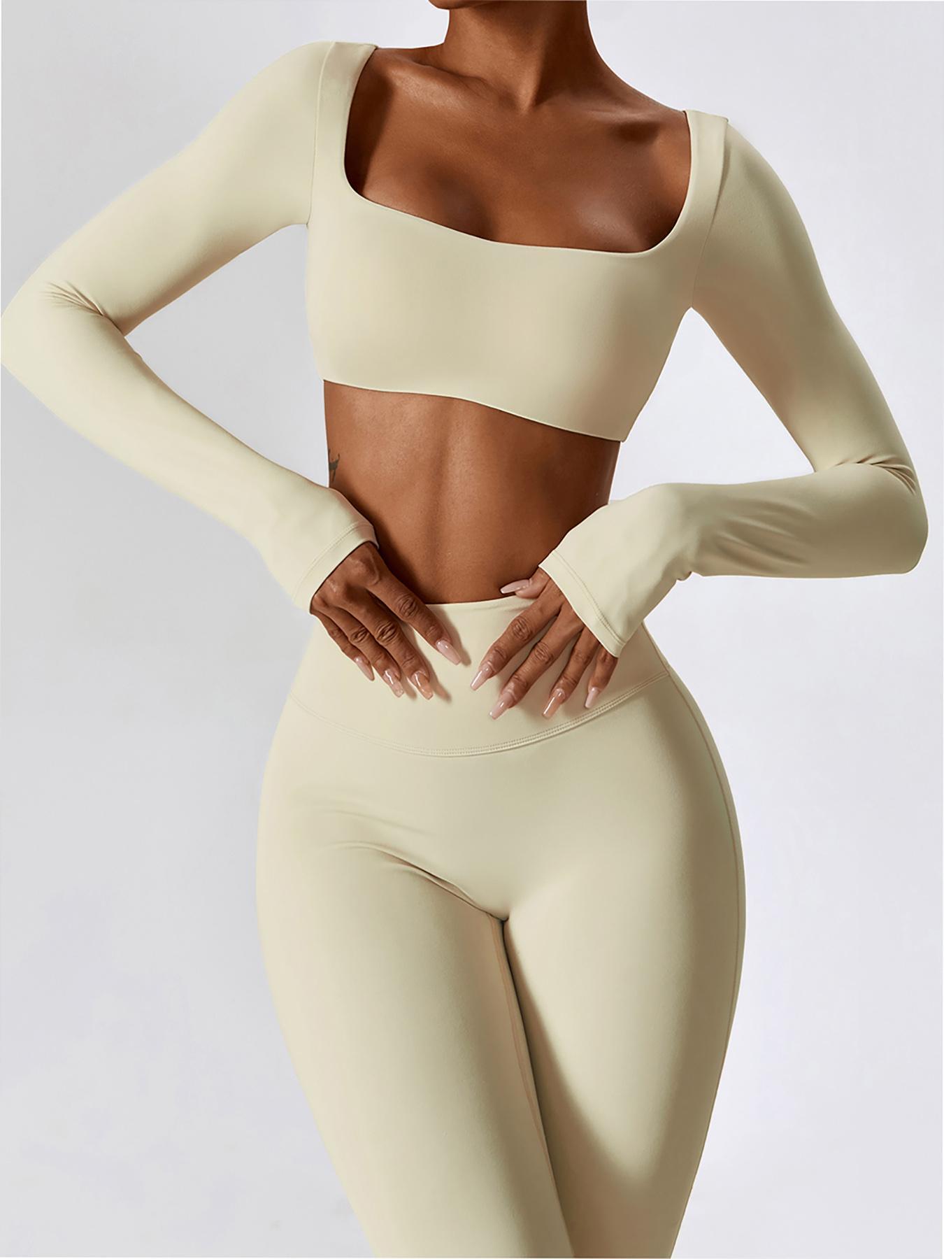Women's Solid Square Neck Crop Top & High Waist Flare Leg Pants Set, Sporty Comfy Breathable Long Sleeve Top & Bell Bottom Trousers Two/Four-piece Outfits for Yoga Workout, Ladies' Clothes for All Seasons, Gym Wear, Sweatsuit Set