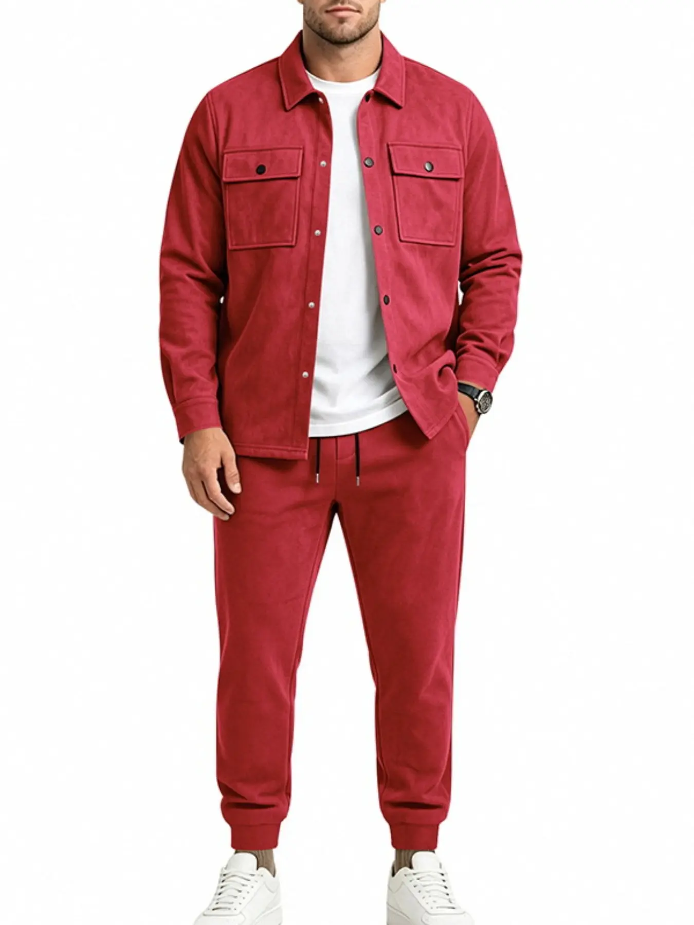 Men's winter season suede fabric lapel workwear jacket with elasticized cuffs and pair of trousers. Same color light and mature casual sportswear set. Slim and stylish design, loose fit for a slimmer look.