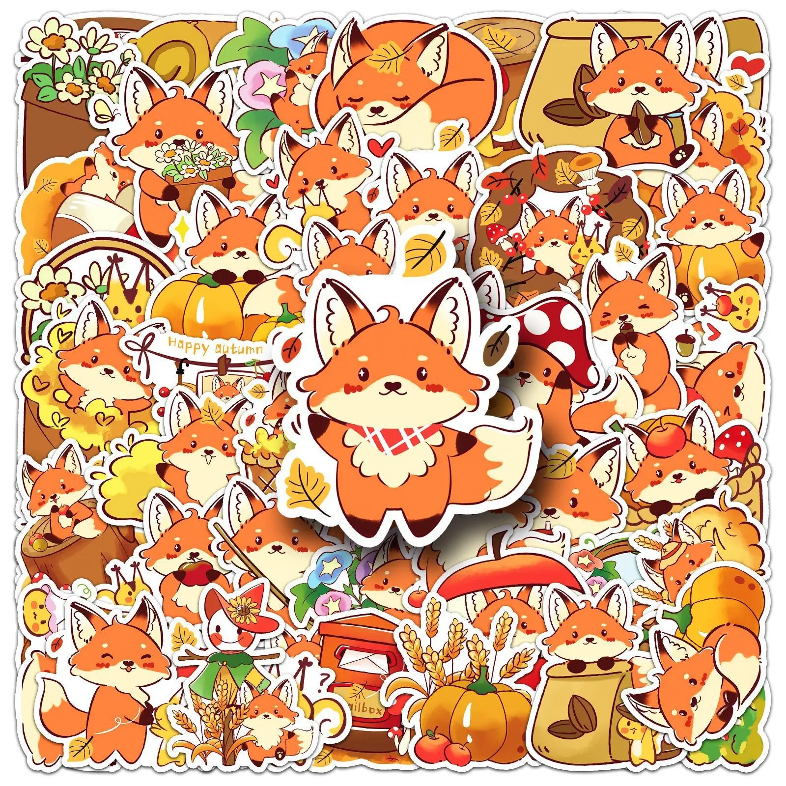 50 Fox Stickers, Cute Animal Vinyl Waterproof Stickers, Ideal for Water Bottles, Laptops, Phones, Classroom Rewards