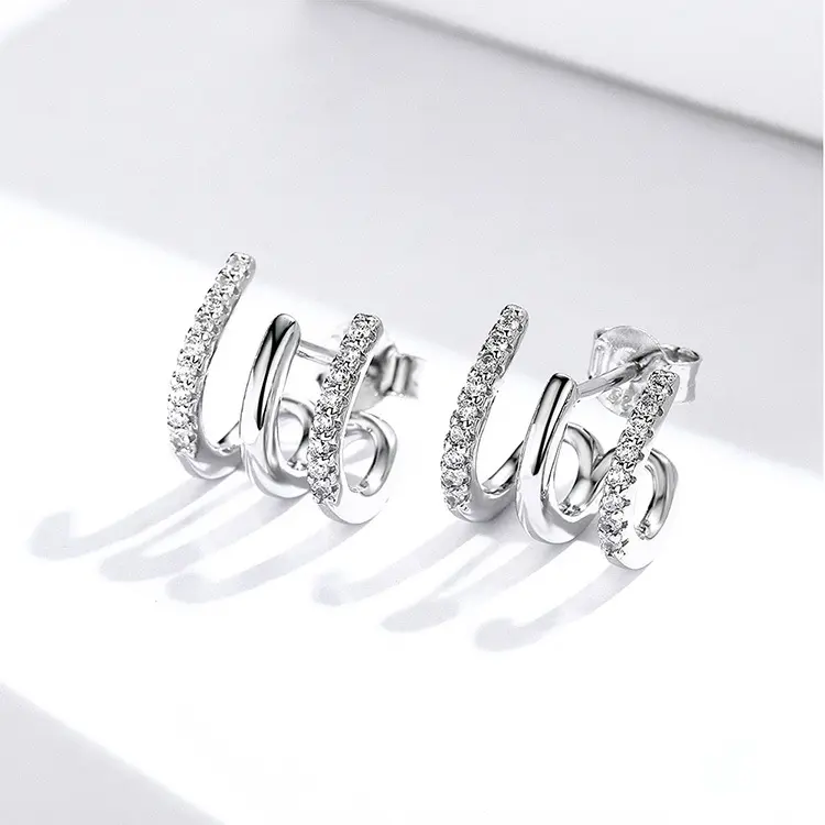 Women's 925 Sterling Silver Triple Layer Hoop Earrings - Cubic Zirconia Paved Huggies, Hypoallergenic Lightweight Earring Stack, Dainty Stacking, Everyday Sparkle, Looped Silver Structured Jewelry, Dainty Stacking Earrings