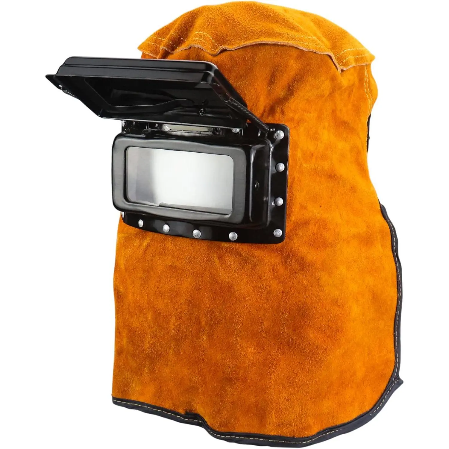 Welding Helmet Mask with Flip Open Lens, Leather Welding Hood Grinding Protective Gear Cap Head Face Neck Shield, Flame & Heat Resistant, Dust Resistant, Breathable