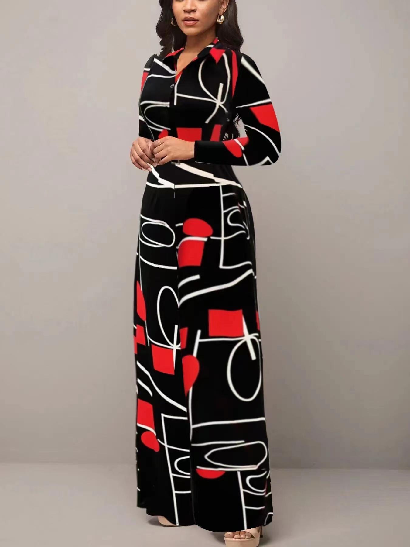 Women's All Over Geometric Print Buttons Belted Wide Leg Jumpsuit, Casual Basic Jumpsuit, Elegant Casual Long Sleeve Collared Jumpsuit for Spring & Fall, National Day Clothing, Ladies Clothes for Daily Wear