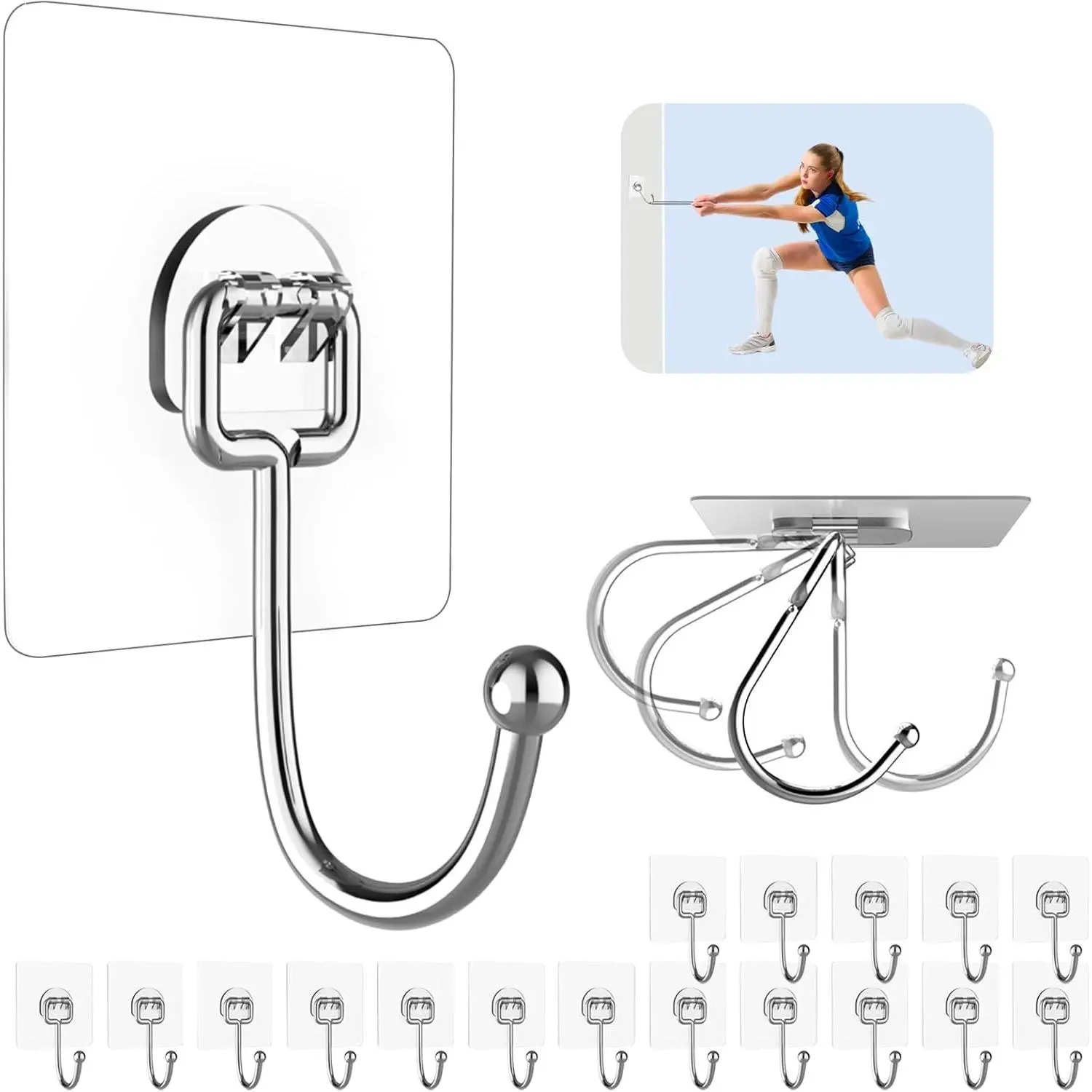 20 Pack Large Adhesive Hooks for Hanging Heavy Duty 44 lb(Max) | Self Adhesive Sticky Hooks Waterproof Stainless Steel Wall Hook for Home Bathroom Shower Kitchen Outdoor Utility Hooks