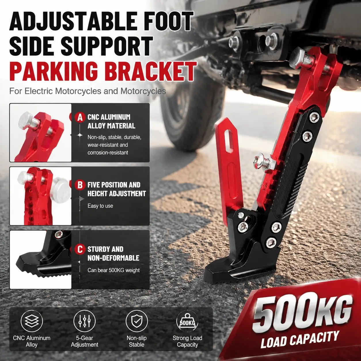 Adjustable Motorcycle Side Kickstand, 1 Pack - Fits Most Motorcycles & E-Motorcycles, Sturdy Metal, No Tools Required, Anti-Tip, Space-Saving Portable Design