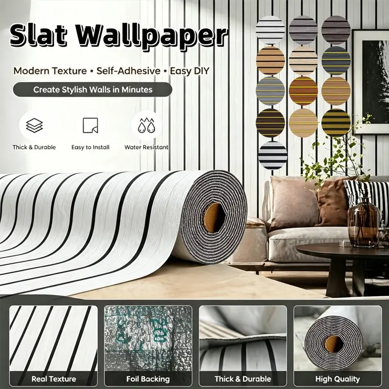 2 Rolls 2.0mm Thick Wood Grain Vertical Grid Self-Adhesive Wallpaper, 40x300cm Back Glue Wall Panel, Rent-Friendly TV Background Home Renovation