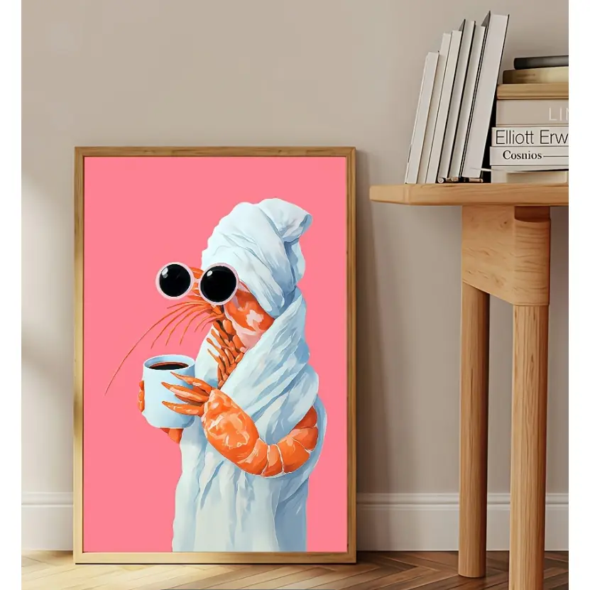 2D Flat, 2D/FLAT Hard Tube Packaging: 1pc of Shrimp with Glasses Holding Coffee Canvas Printed Poster, Modern Wall Art Decoration Painting, Kitchen, Bedroom, Living Room, Office, Home Decoration, Bedroom Decoration. It Is the Best Gift for Friends