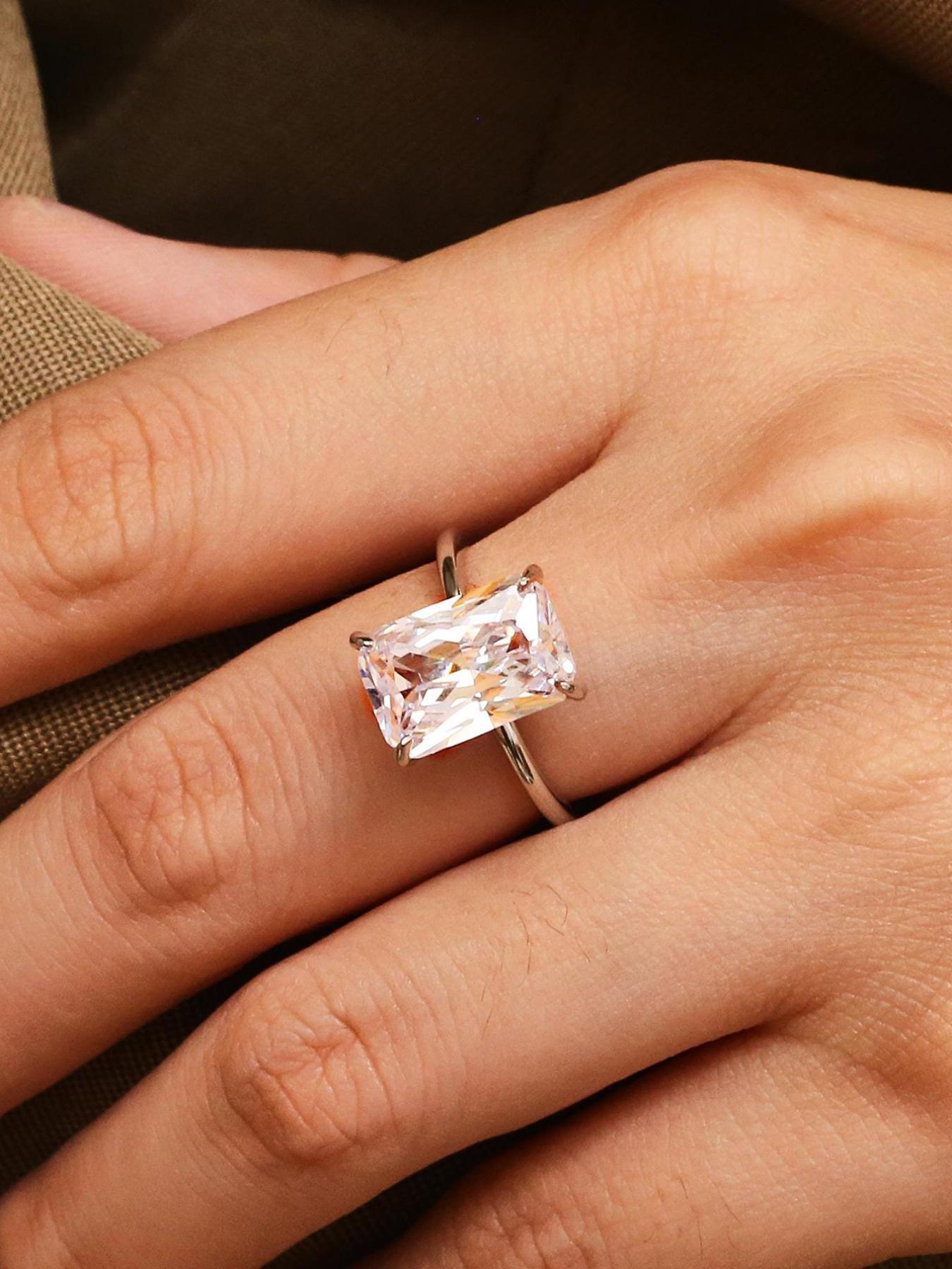 S925 Sterling Silver Square Shaped Artificial Zircon Engagement Ring, Luxury Promise Wedding Ring for Women, Elegant Jewelry for Women, Emerald Cut Solitaire Ring