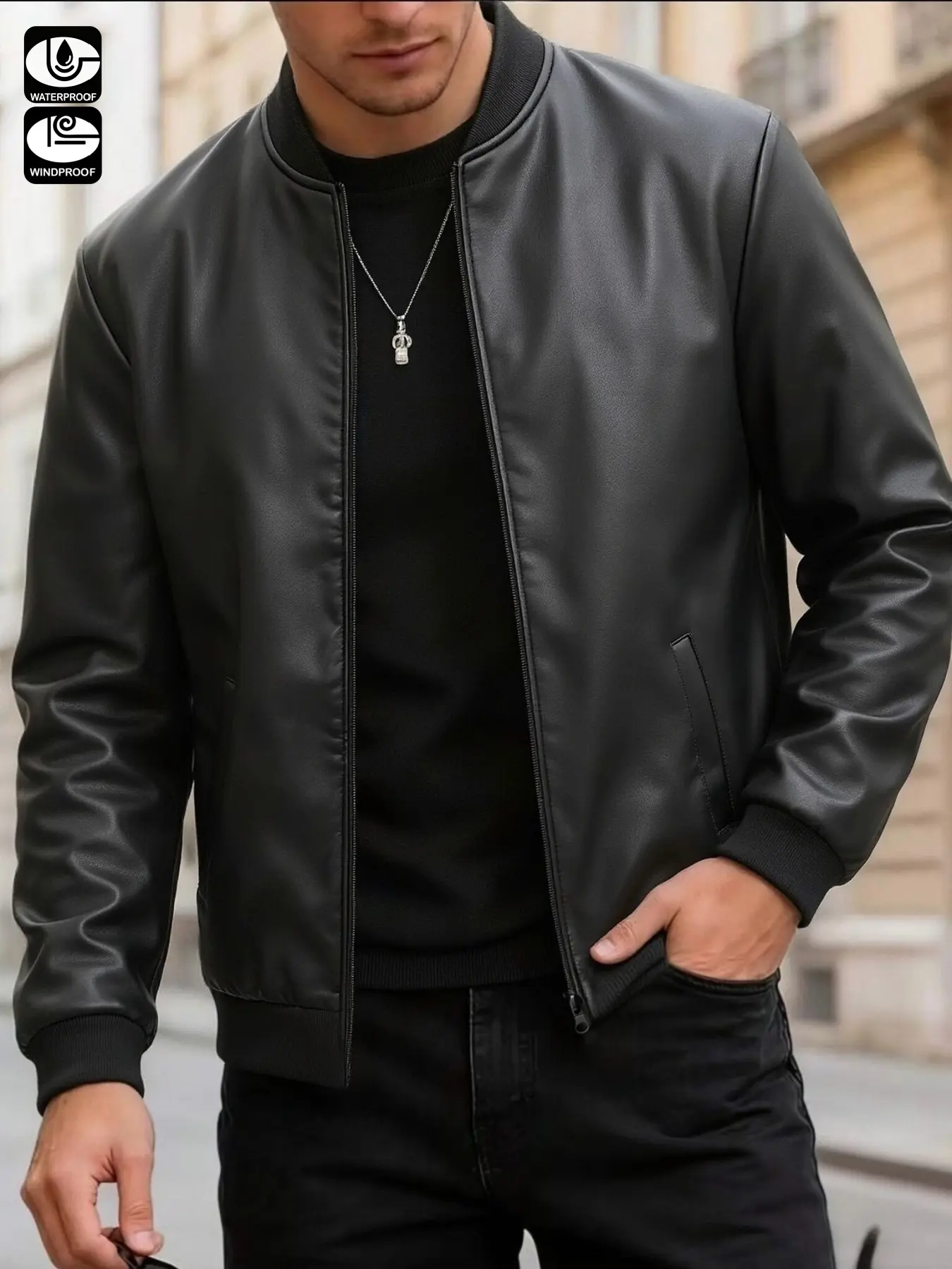 Men's Waterproof Jacket, Leather-Look Motorcycle Riding Coat, Baseball Collar Zipper, Casual Outdoor Wear, Camping, Hiking, Cycling