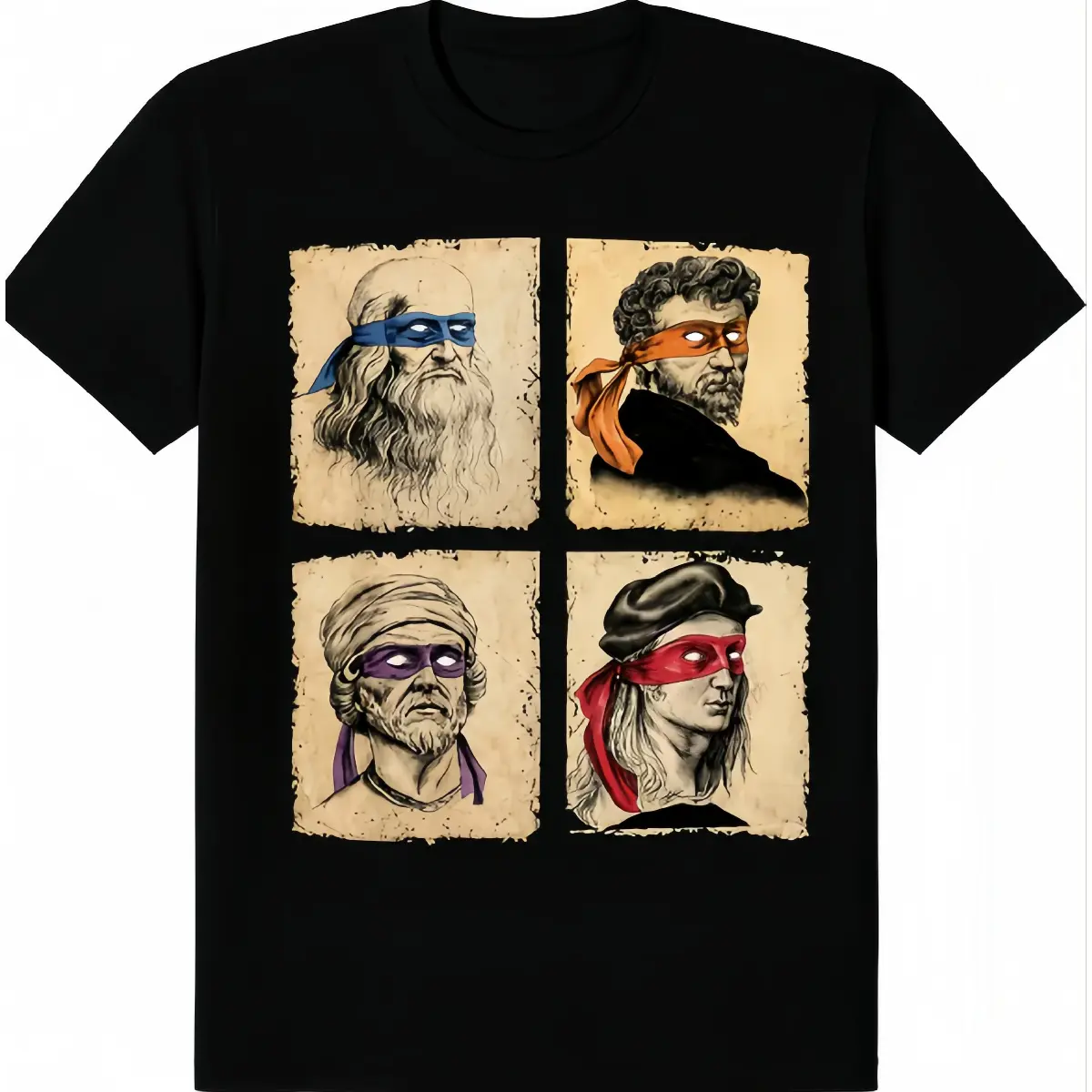 Renaissance Artists Masked Vintage Paper Grid Graphic Short Sleeve T-Shirt