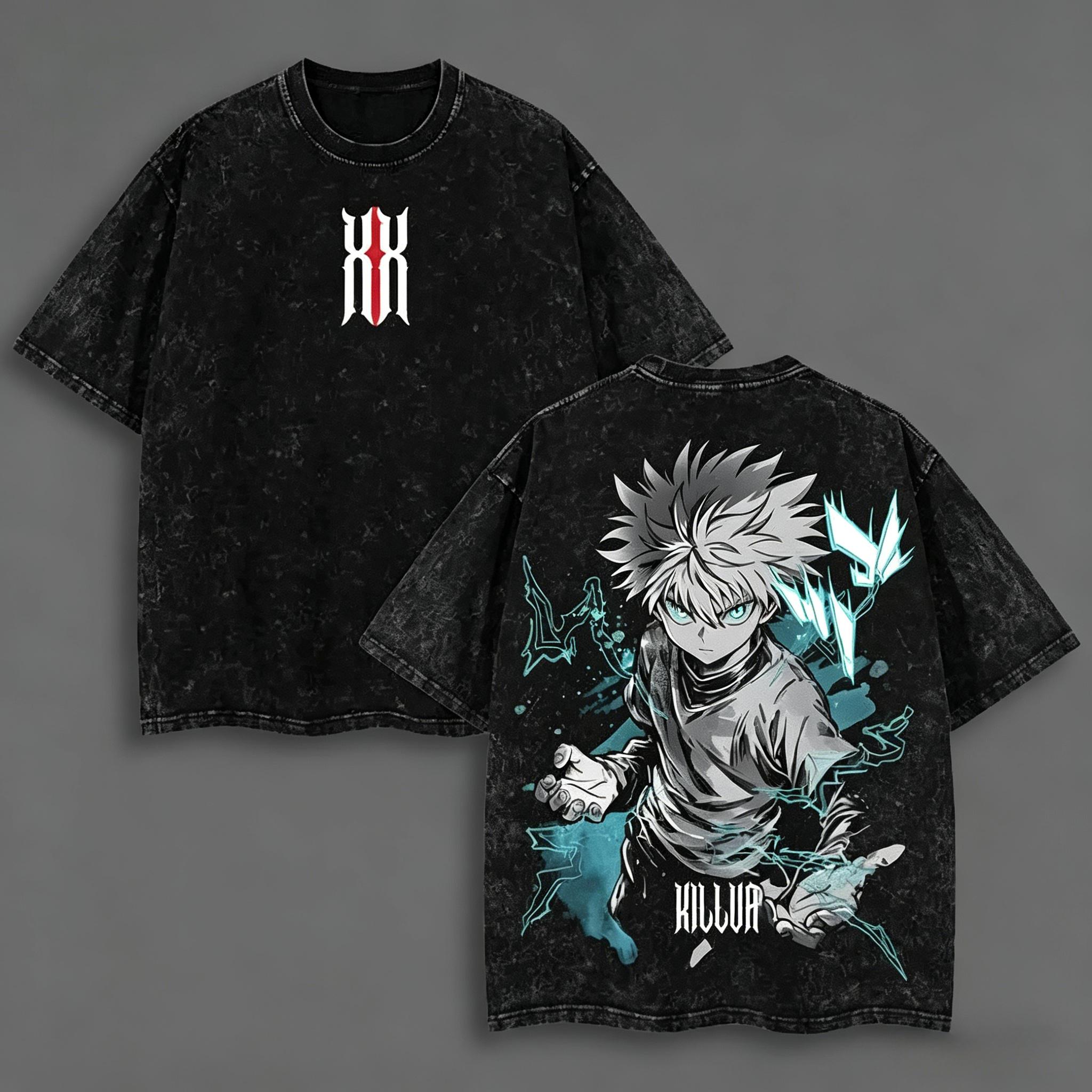 Killua Zoldyck T-Shirt Hunter x Hunter Graphic Anime Tee Acid Washed Soft Cotton Shirt Anime Streetwear Casual Menswear Unisex Summer Clothing Gift for Anime Fans