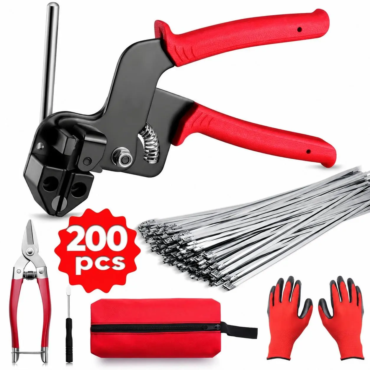Metal Cable Tie Gun Kit with 200 Stainless Steel Heavy-Duty Outdoor Cable Ties – Tensioning & Cutting Tool for Chain Link Fence Fittings, Rolling Mesh, Exhaust Wrap Tape, and Poultry Fencing, Cable Ties Set, Heavy-Duty Kit