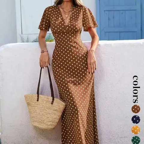Women's Bohemian Boho Style V-Neck Short Sleeve Long Dress, Summer Casual Polka Dot Vacation Style, New European and American Fashion Casual Wear Boho Dresses
