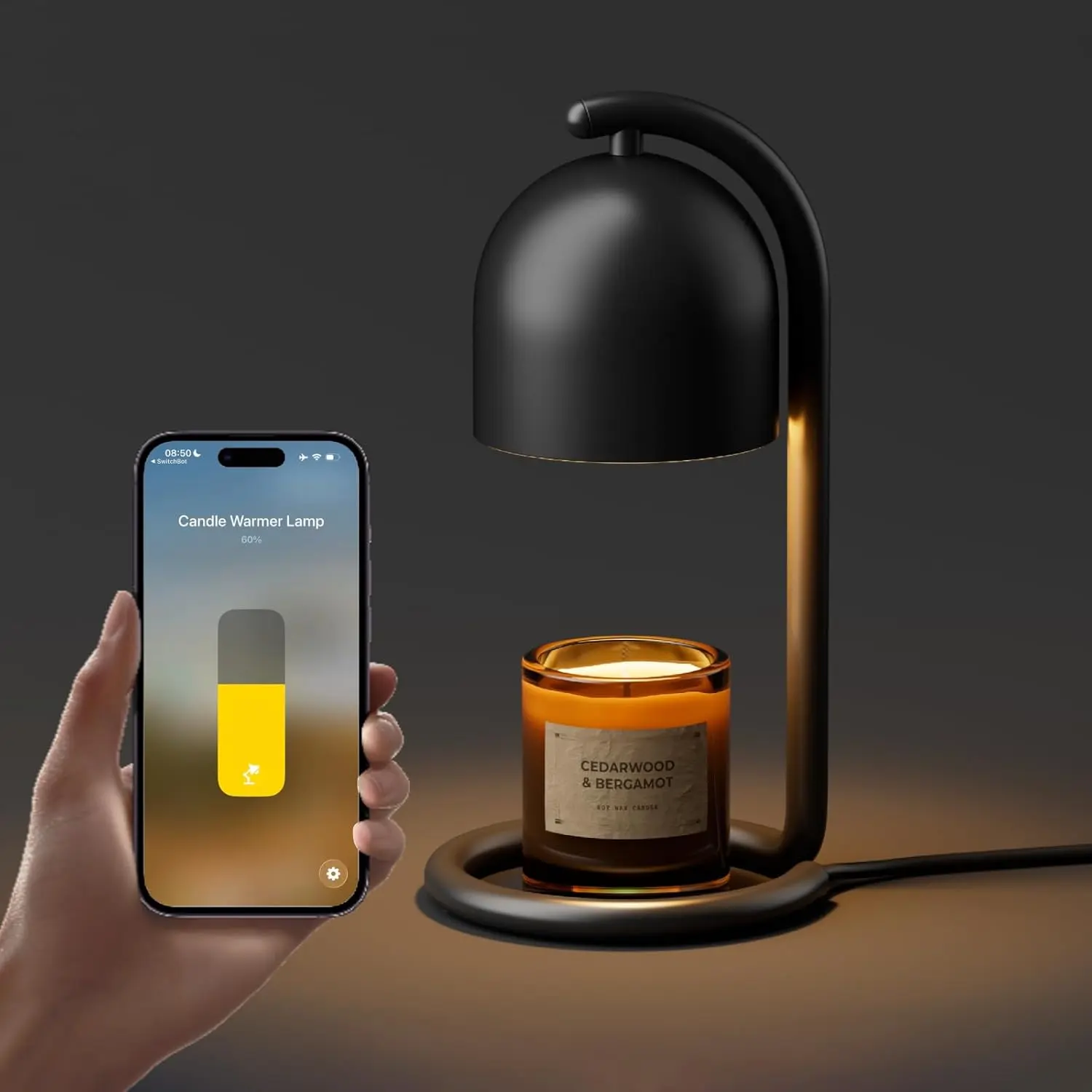 SwitchBot Smart Candle Warmer Lamp - App & Voice Control Flameless Wax Melting Jar Holder, 1%-100% Dimmable, Timer, 2 Bulbs, Aluminum Base, Contemporary, Matter Compatible with Smart Home & Alexa, Women's Birthday Gift Ideas