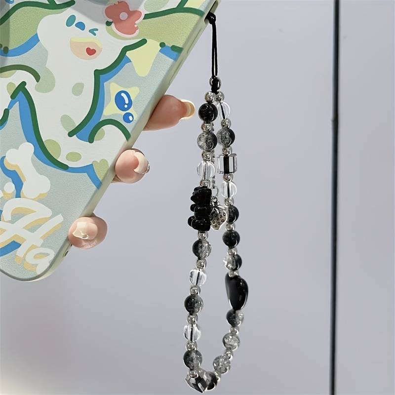 Black Strawberry Bear Love Phone Chain Charm Wrist Strap Keycord Cellphone Lanyard Girl Keychain Mobile Phone Case Hanging Chain