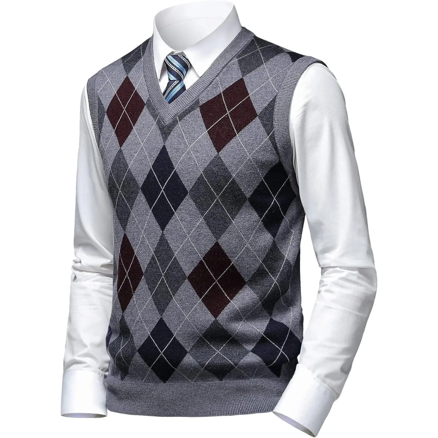 Men's Thick Argyle Sweater Vest - Classic V-Neck Knit Sleeveless Pullover, Autumn Winter Warm Formal Tank Top for Sports & Outdoor Use, Birthday Gift Pairable with Long Sleeve Shirts & Pants
