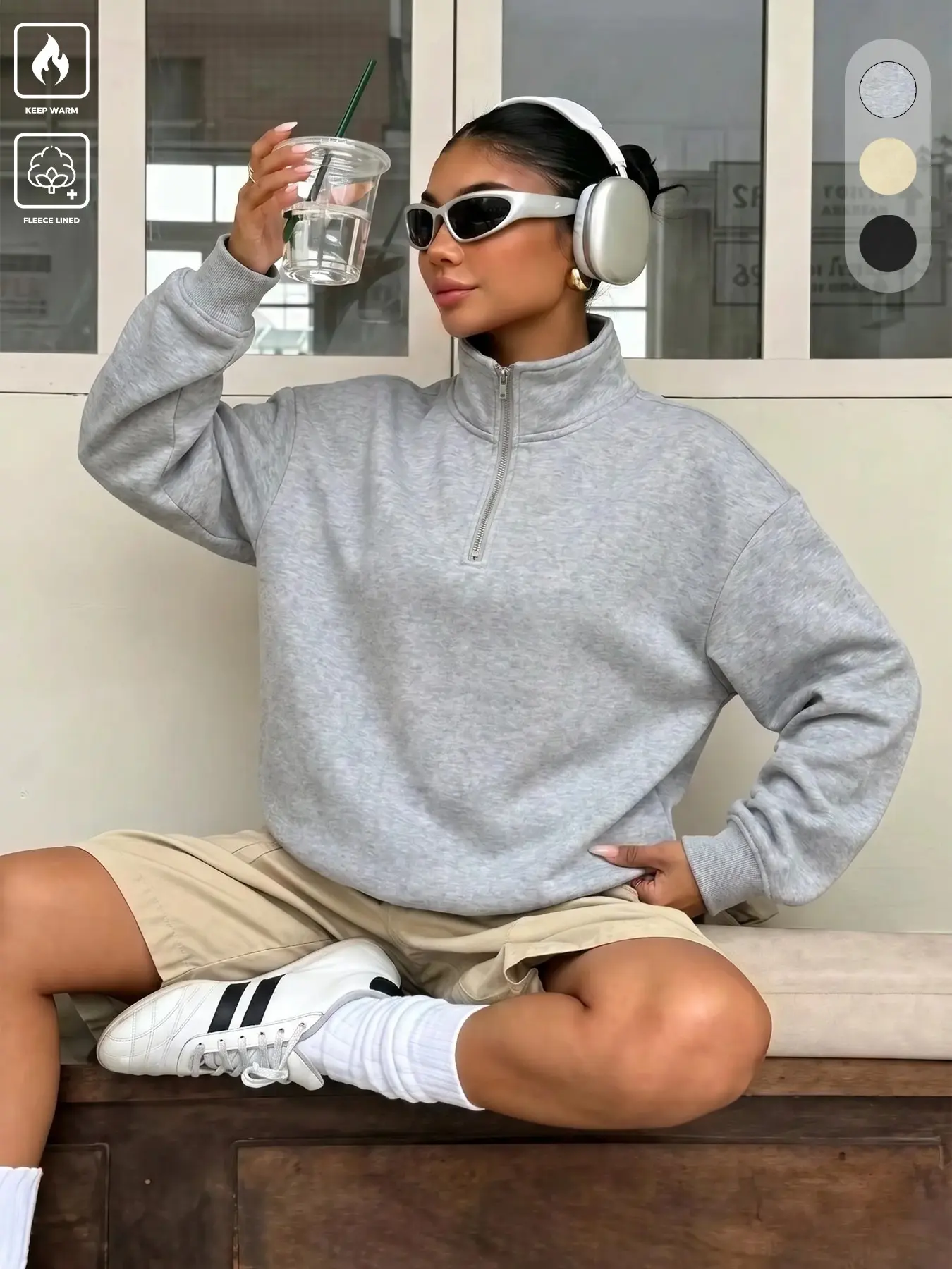 Y2K Minimalist Fleece Half-Zip Loose Baggy Sweatshirt, Stand Collar Lazy Fit Thick Warm Hooded Top, Three Colors Available, Fall Winter Everyday Casual Wear