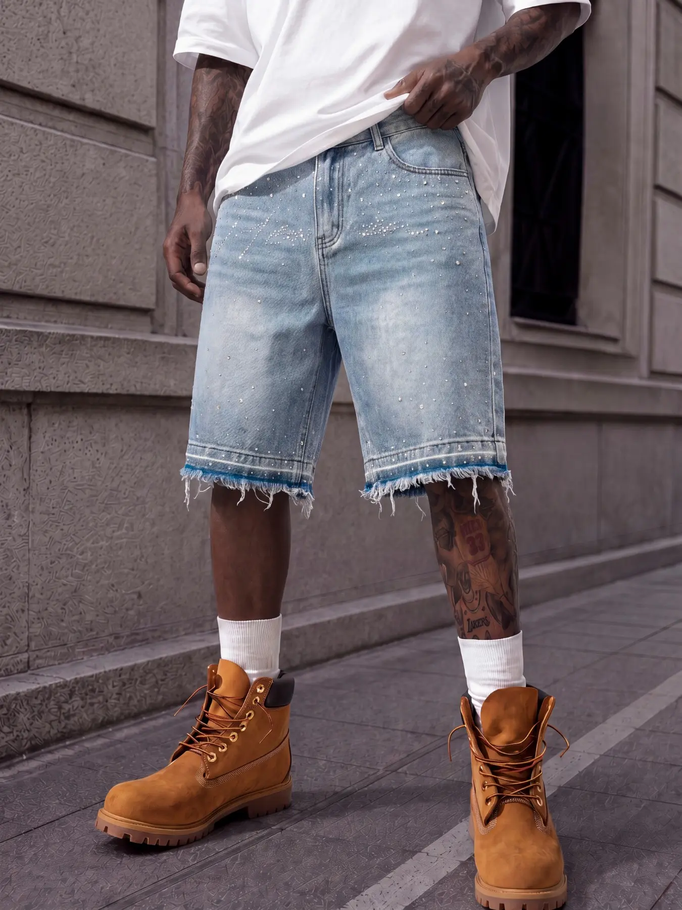 Men's Rhinestone Wide-Leg Denim Shorts, Knee-Length Cut, Raw Fringed Hem, Mid-High Rise, Y2K Punk Skate Hip Hop Street Style, Casual Daily Jean Shorts For Summer