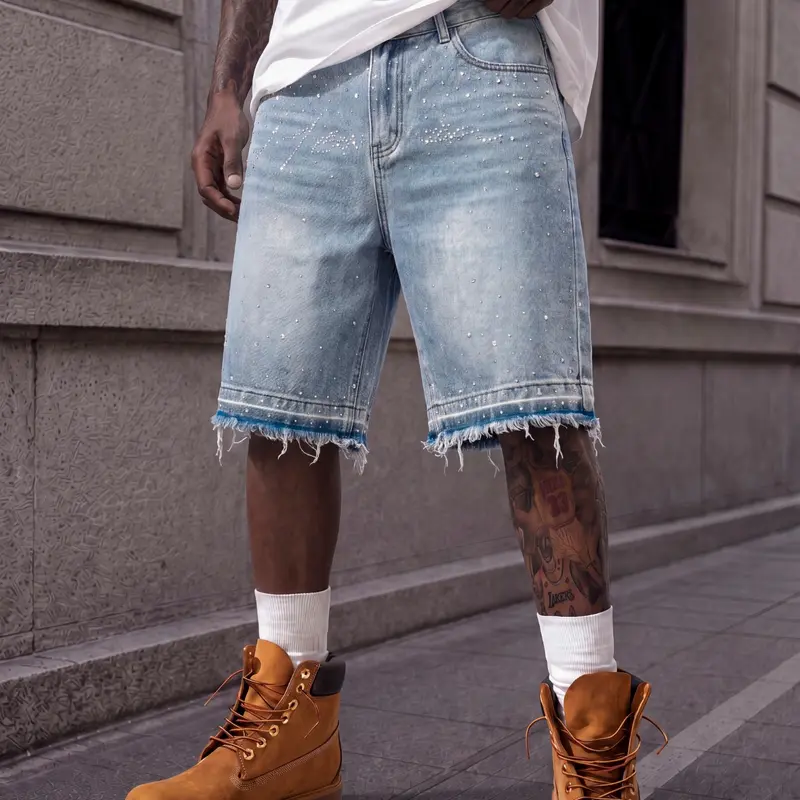 Men's Y2K Rhinestone Shorts, Knee-Length Jorts with Raw Frayed Fringe Hem, Casual Summer Streetwear Denim Shorts, For a Looser Fit, Please Size Up.