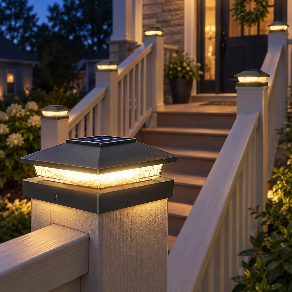 6-Pack Solar Post Cap Lights with designed for 4x4 wood posts with actual 3.5 x 3.5 inch caps and 4x4 vinyl post caps, ABS housing with IP64 waterproof rating, each light uses 8 warm white LEDs and a 400 mAh battery