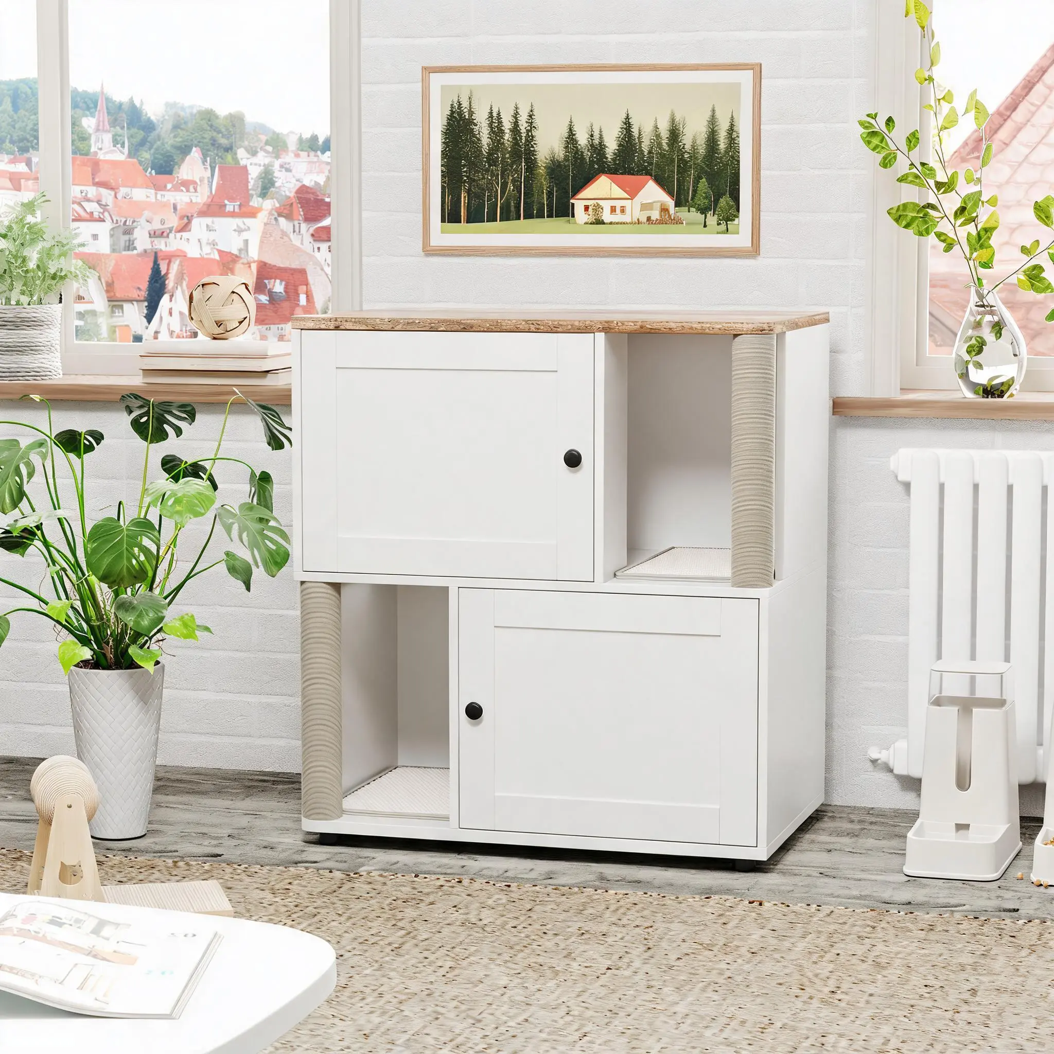 2-Tier Cat Litter Box Furniture for 1-2 Cats – 31.5"×19.7"×34.6", Scratching Posts & Mats – End Table/TV Stand, 5 Colors Farmhouse