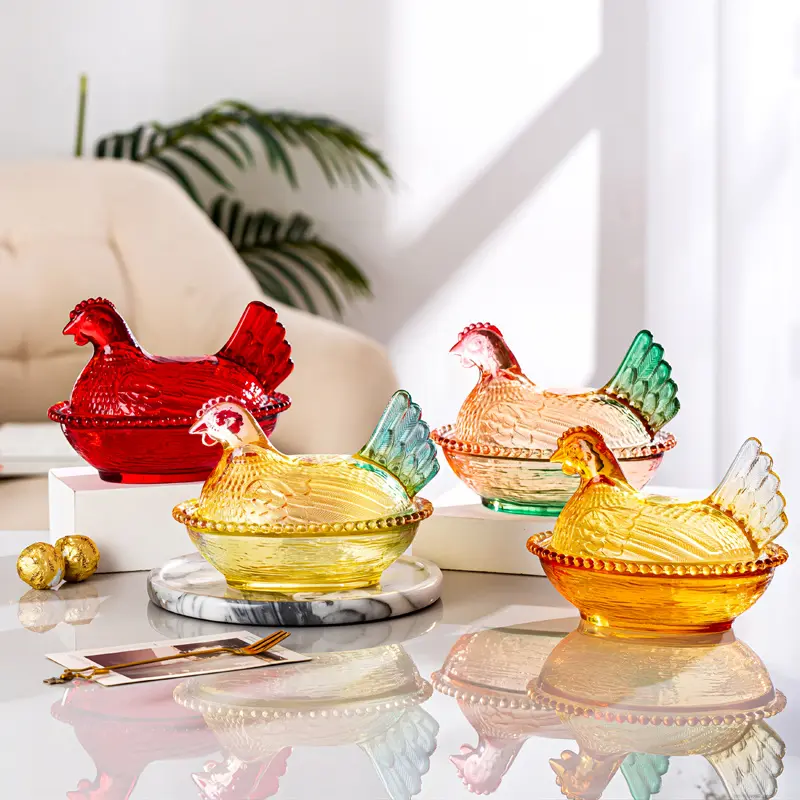 Retro Oval Durable Vintage Chicken Glass Candy Jar with Lid - Home Supplies Decorative Storage Container for Candy, Jewelry - Cottagecore Kitchen Decor, Housewarming Gift for Her