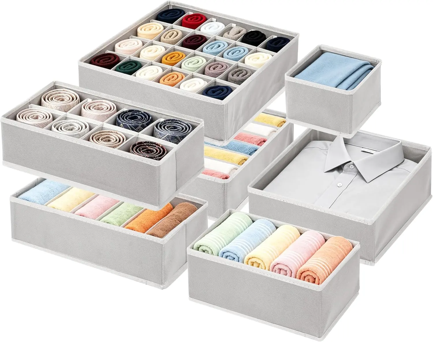 Grey Cloth Clothes Storage Boxes - 12-Pack 76-Cell Folding Containers with Adjustable Dividers, Double Fabric Compartments, Drawer Divider Open Storage Bins for Baby Clothes, Home Organization