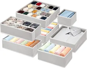 Grey Foldable Fabric Drawer Organizer Boxes - 12 Pack, 76-Cell Dresser Organizers with Dividers for Baby Clothes, Socks, Bras, Ties, Towels