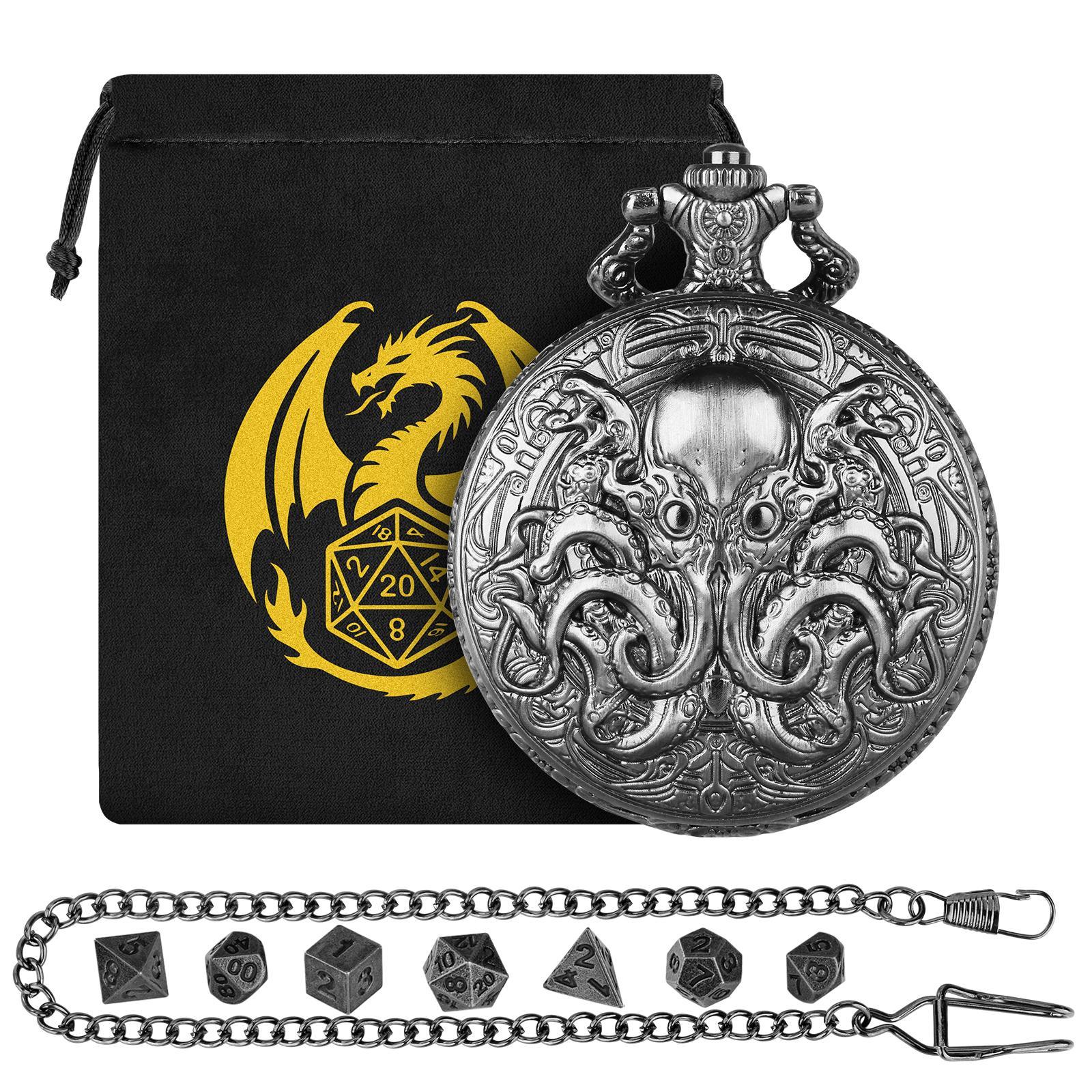 Double Eye Octopus Design Pocket Watch with Chain & Dice Set, 1 Set Role Playing Game Accessories, Cosplay Game Accessories