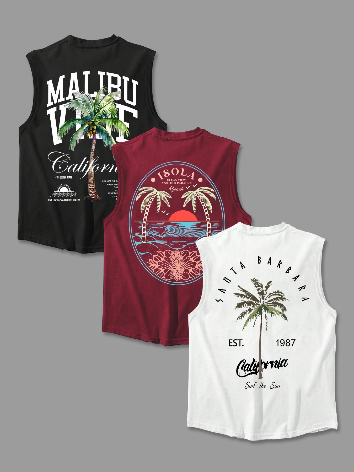 Men's Letter & Palm Tree Print Round Neck Tank Top, Regular Fit Casual Graphic Sleeveless Vest for Summer, Men's Top for Daily Wear, Menswear, Tank Tops Workout