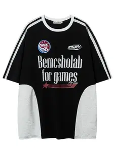 Heavyweight Ribbon Colorblock Letter Print Embroidered Round Neck Short Sleeve T-Shirt, Unisex Casual Sporty Top, Loose-Fit H-Type