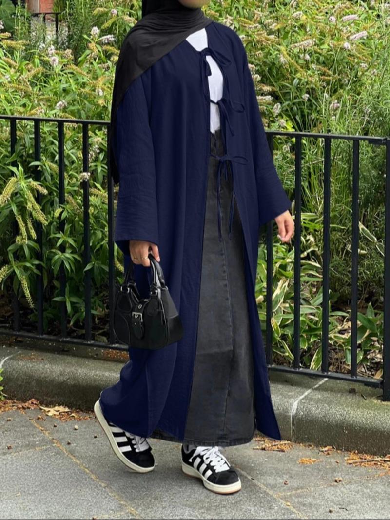 Women's Solid Color Tie Front Open Front Robe, Casual Long Sleeve Long Dress for Daily Wear, Ladies Islamic Clothing for All Seasons, Modesty Muslim Clothing, Muslim Women Gowns