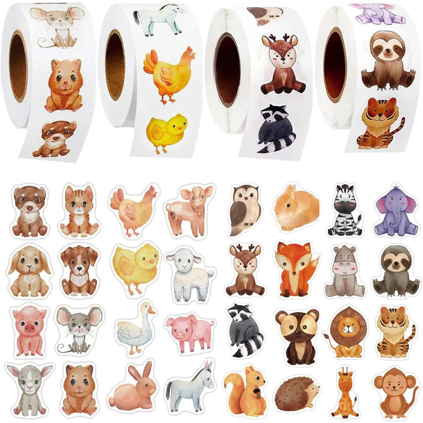 4 Rolls 2000 count  Stickers Bulk - Farm, ,  & Forest Theme, Cute Motivational Stickers, Teacher Classroom Rewards, School Party Supplies (Farm/Forest )