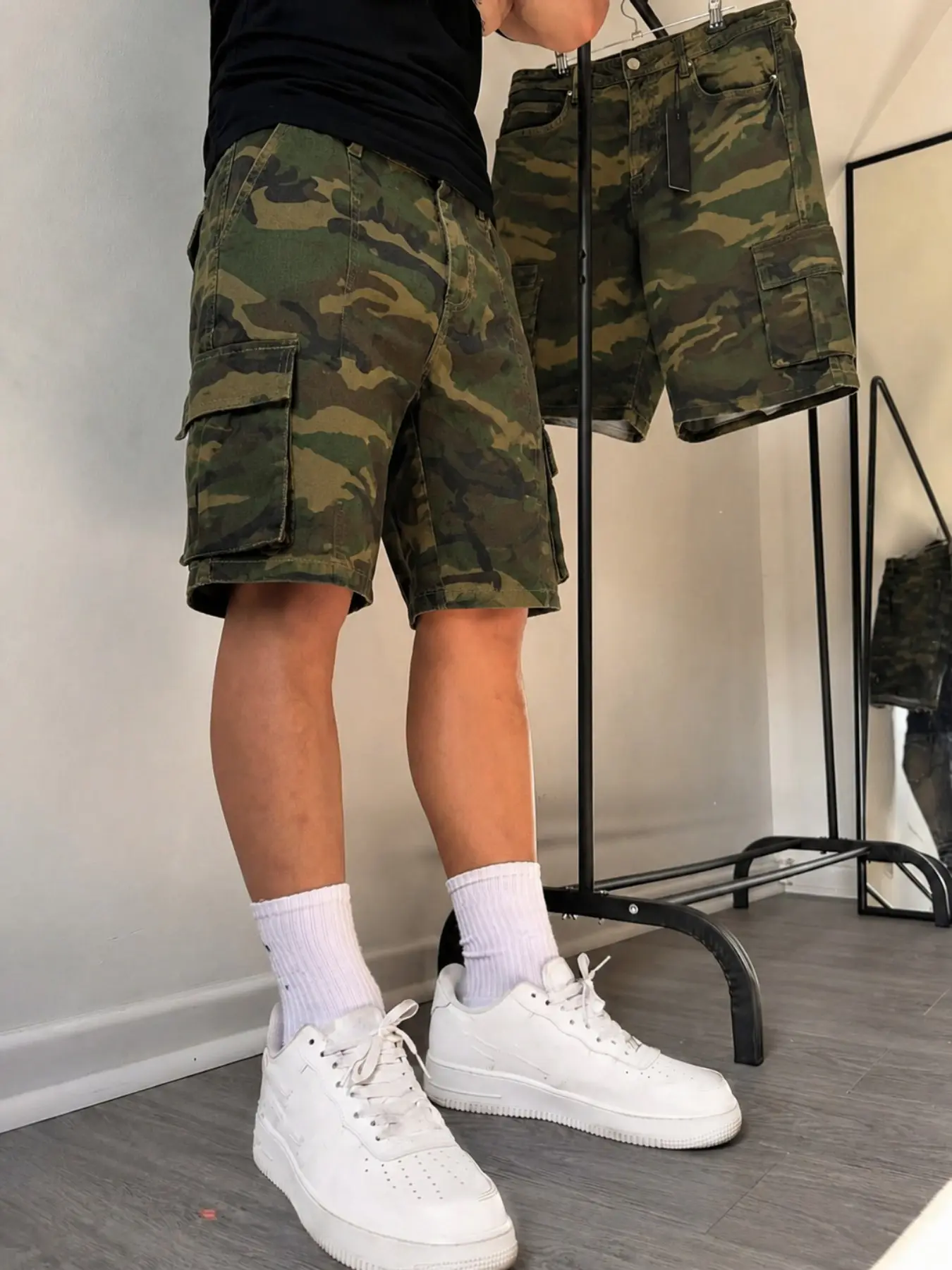 Camouflage Shorts, Workwear Denim Shorts, Multi-Pocket Denim Shorts, Summer Pants, Loose-Fit, Street Style, Cotton, Hip-Hop Fashion