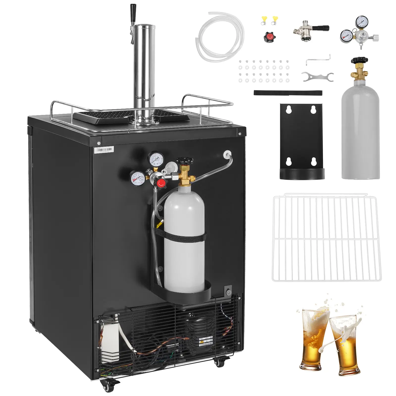 Rectangular Full-Size Single-Head Draft Beer Kegerator Complete Kit with Beer Cooling, 1-Tap Draft Serve Function, 100W Power, 162L Capacity, Refrigerator Shelf, Drip Tray & Rail