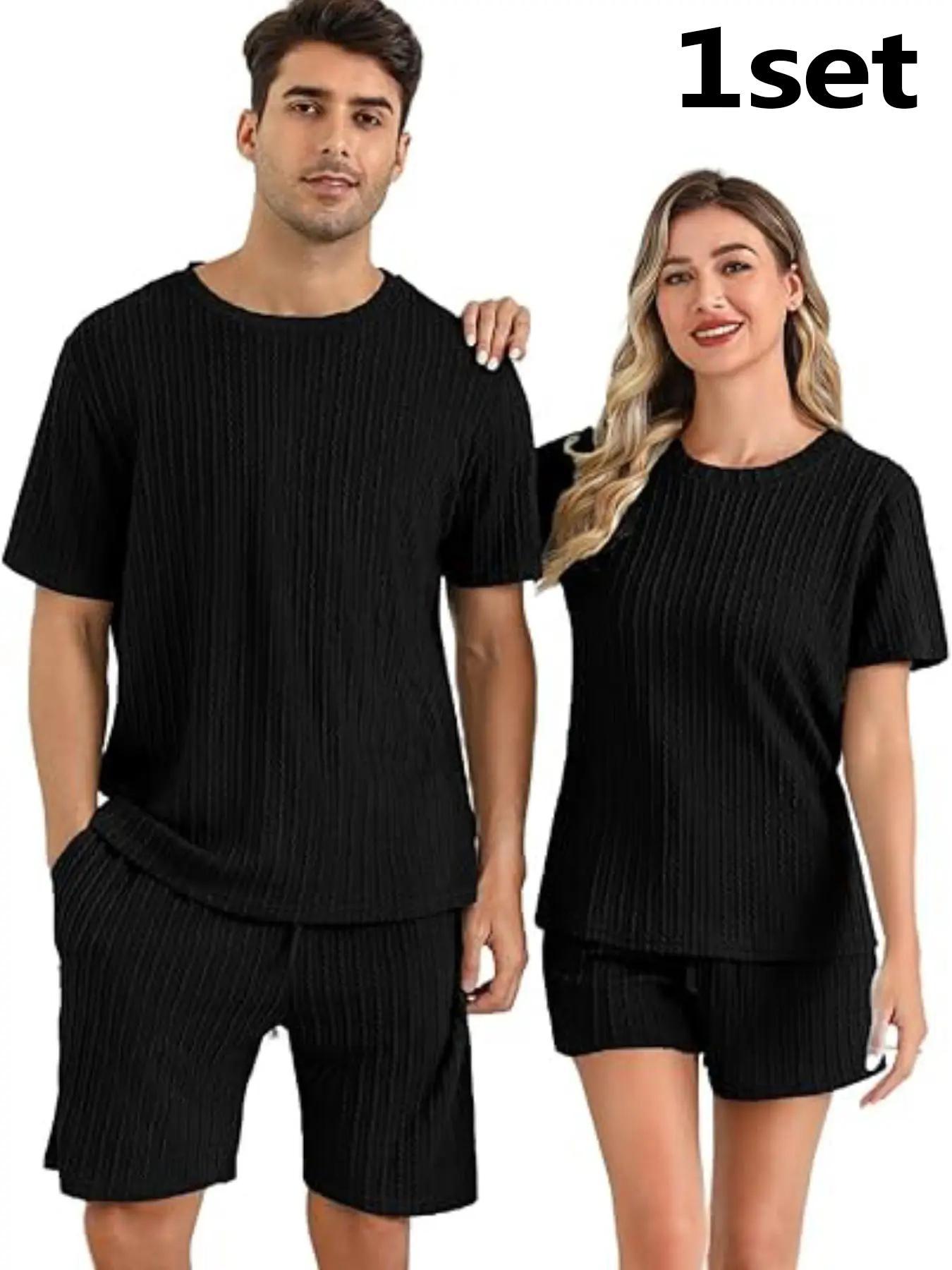Couple's Solid Short Sleeve Tee & Shorts Pyjama Set, Casual Comfy Round Neck T-shirt & Shorts PJ Set, Couple's Sleepwear for All Seasons Loungewear