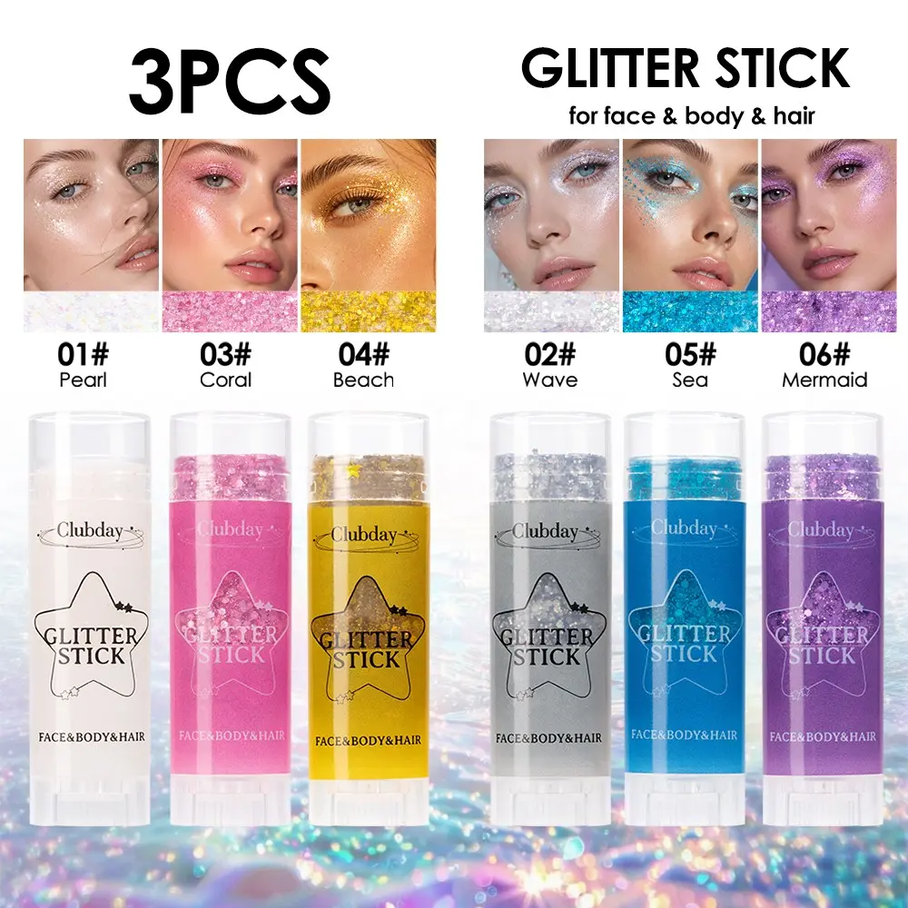 Multi-use Shimmer Glitter Stick 3PCS, Sparkling Sequins Gel for Full Body Makeup, Reflective Different Shimmer Under Light, Easy Application No Fall Off, Ideal for Party Stage Rave Cosplay Beauty Accessory