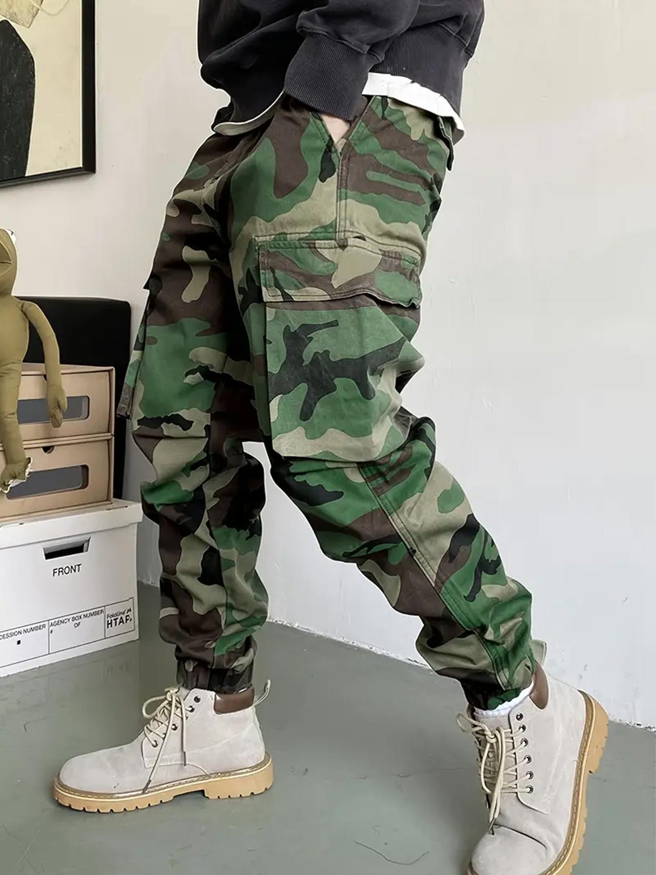 Men's Camo Print Multi-pocket Cargo Pants, Casual Loose Fit Water-repellent Fabric Trousers for Outdoor Work, Pants for Men, Men's Bottoms for All Seasons, Men's Clothing, Casual Sports Trousers
