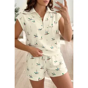 Beige Mallard Printed Zip Polo Tee Drawstring Short Set  match lounge set   trendy lady fashion