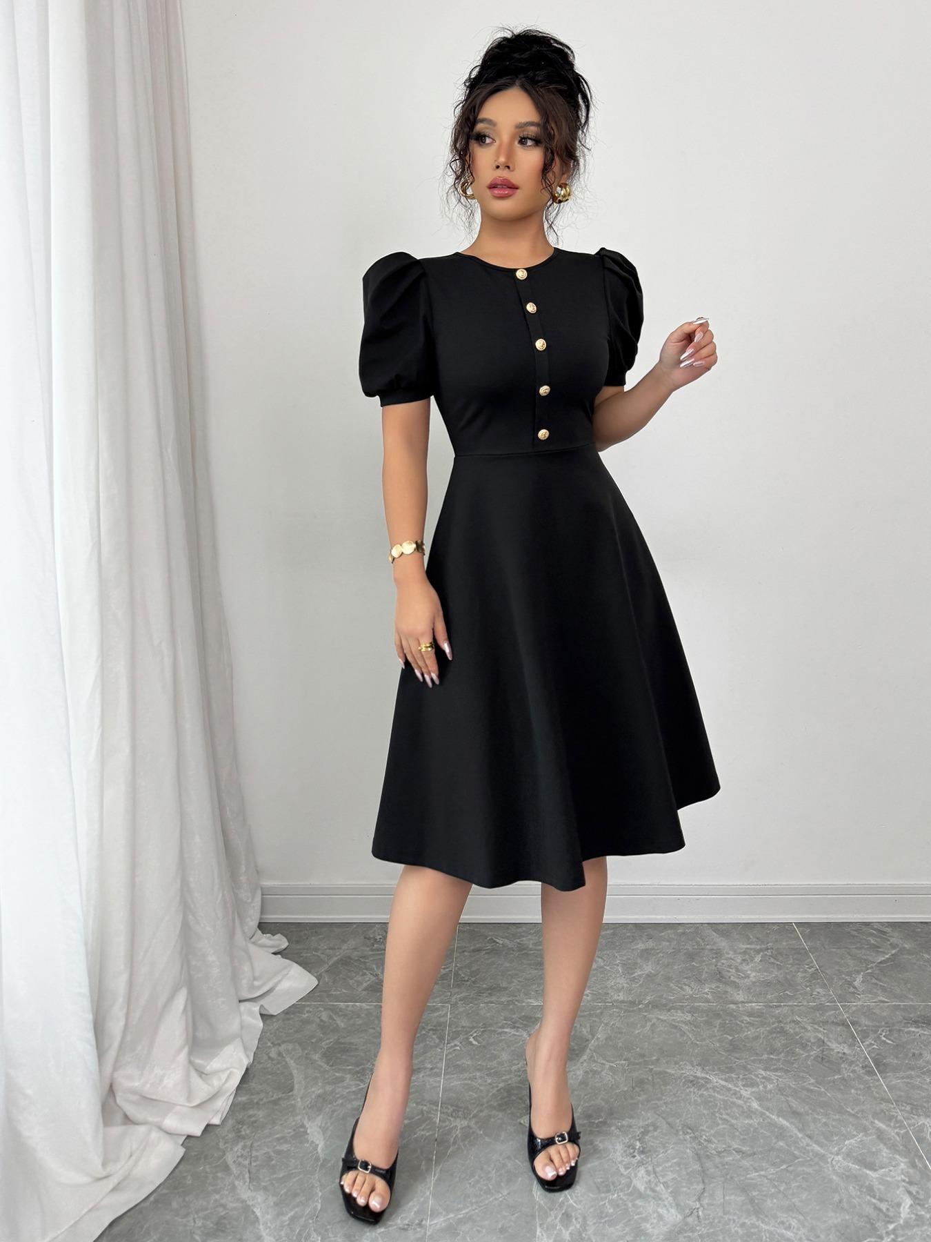 Women's Plain Button Decor Elegant Dress, Elegant Fashion Casual Dress for Daily Outdoor Wear, Women Dress for Summer, Womenswear