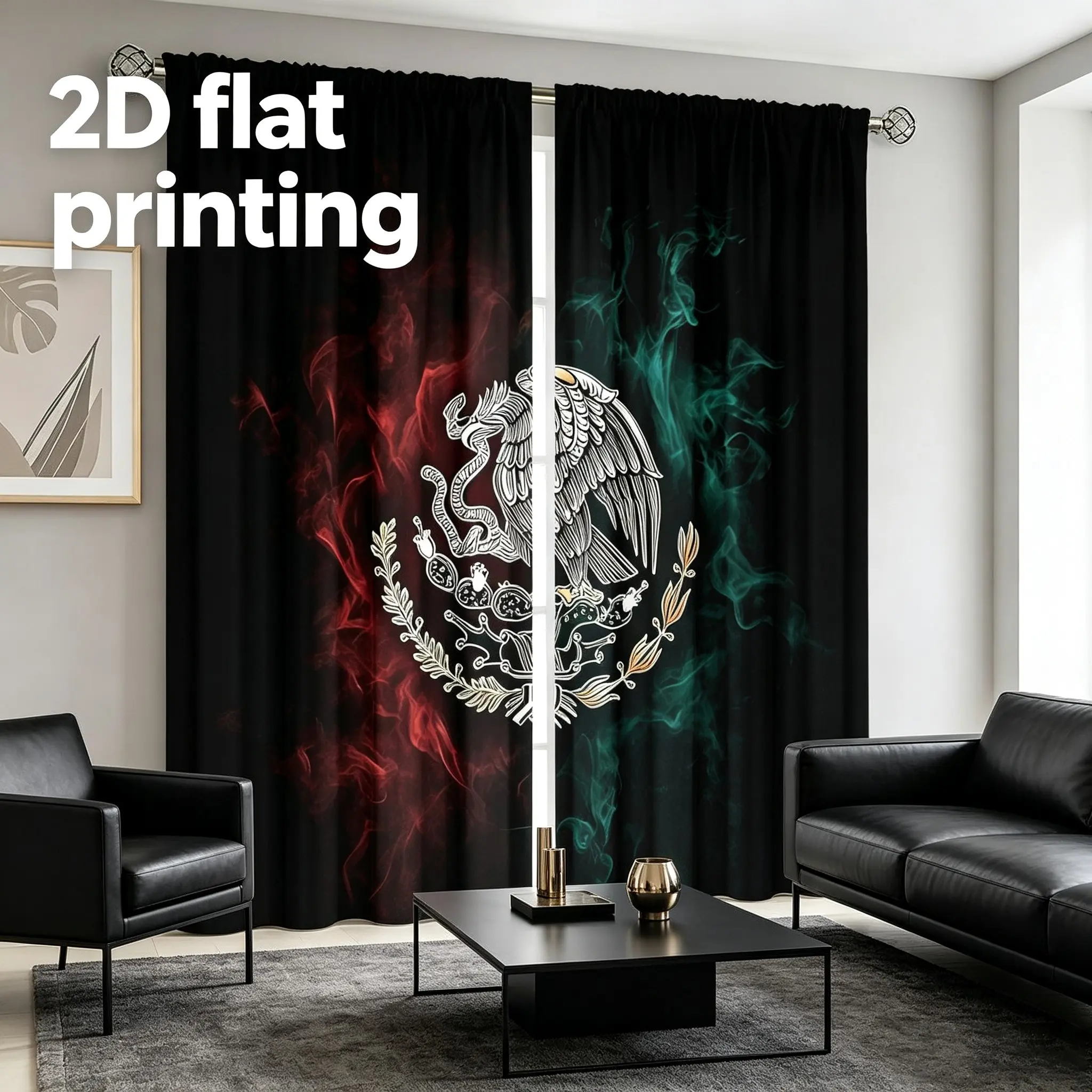 2-piece set of digital printed window curtains, Home decoration curtain, with black background and national flag design, made of semi-transparent polyester material, suitable for bedroom, living room decoration