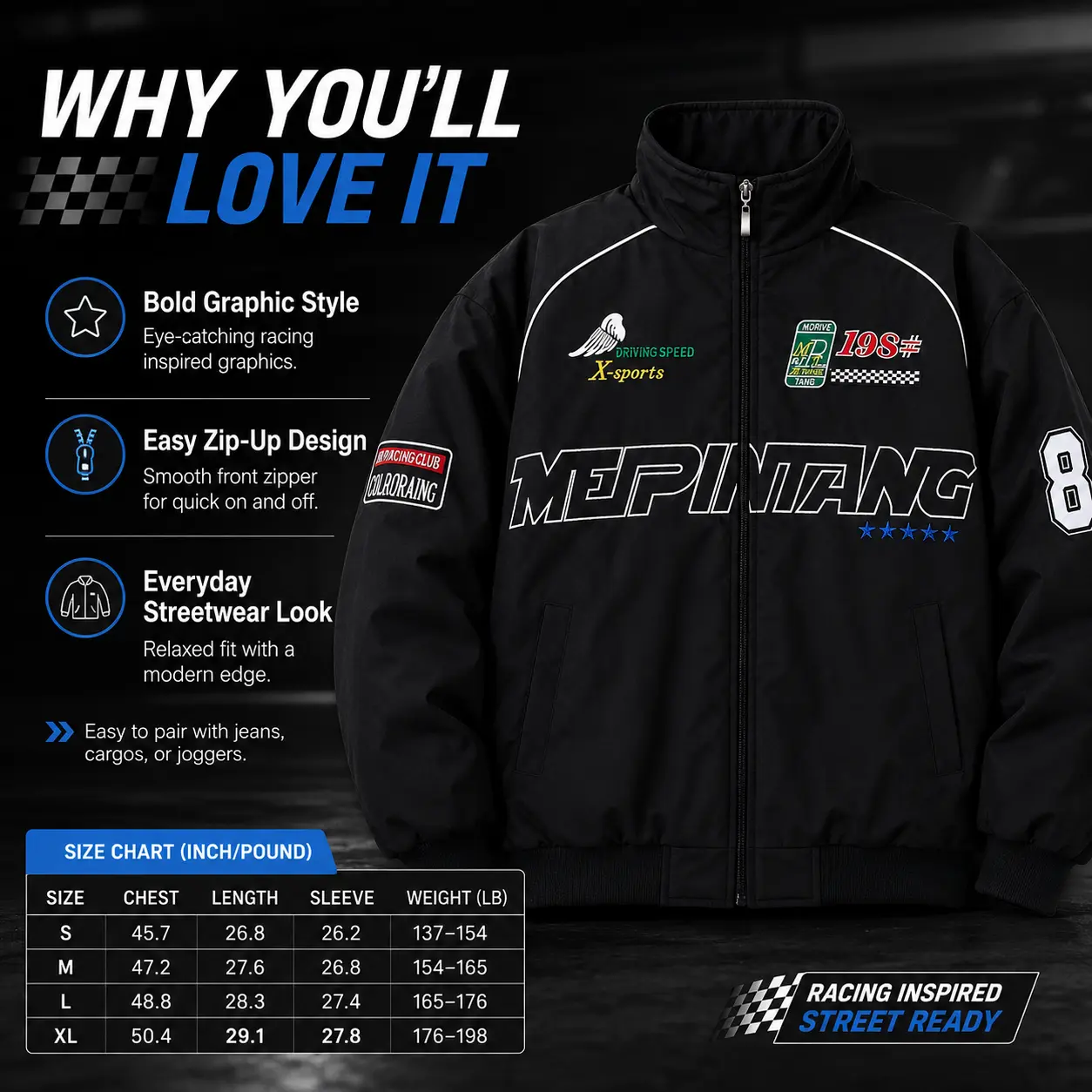 Men’s Black Racing Graphic Zip Up Jacket - Long Sleeve Menswear Coats, Casual Streetwear Outerwear with Stand Collar, Bold Chest Print, Sleeve Patch, Side Pockets, Ribbed Cuffs, Hem for Daily Wear, Weekend Outfits