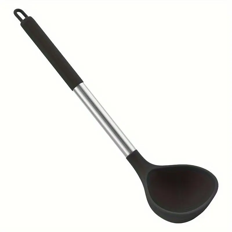 1pc, large silicone spoon, silicone spoon, stainless steel handle spoon, large spoon, non-stick pan spoon, high temperature household large long handle spoon, kitchen cooking spoon