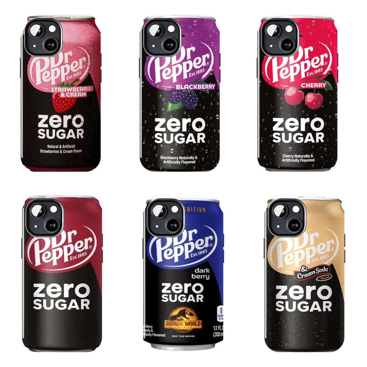 Dr Pepper Zero Sugar Hard Case, featuring a strawberry, blackberry, cherry, and soda fruit teardrop design, is a sturdy, shockproof protective case suitable for iPhone 11–17 Pro Max/Plus series and Samsung Galaxy S23–S25 series.