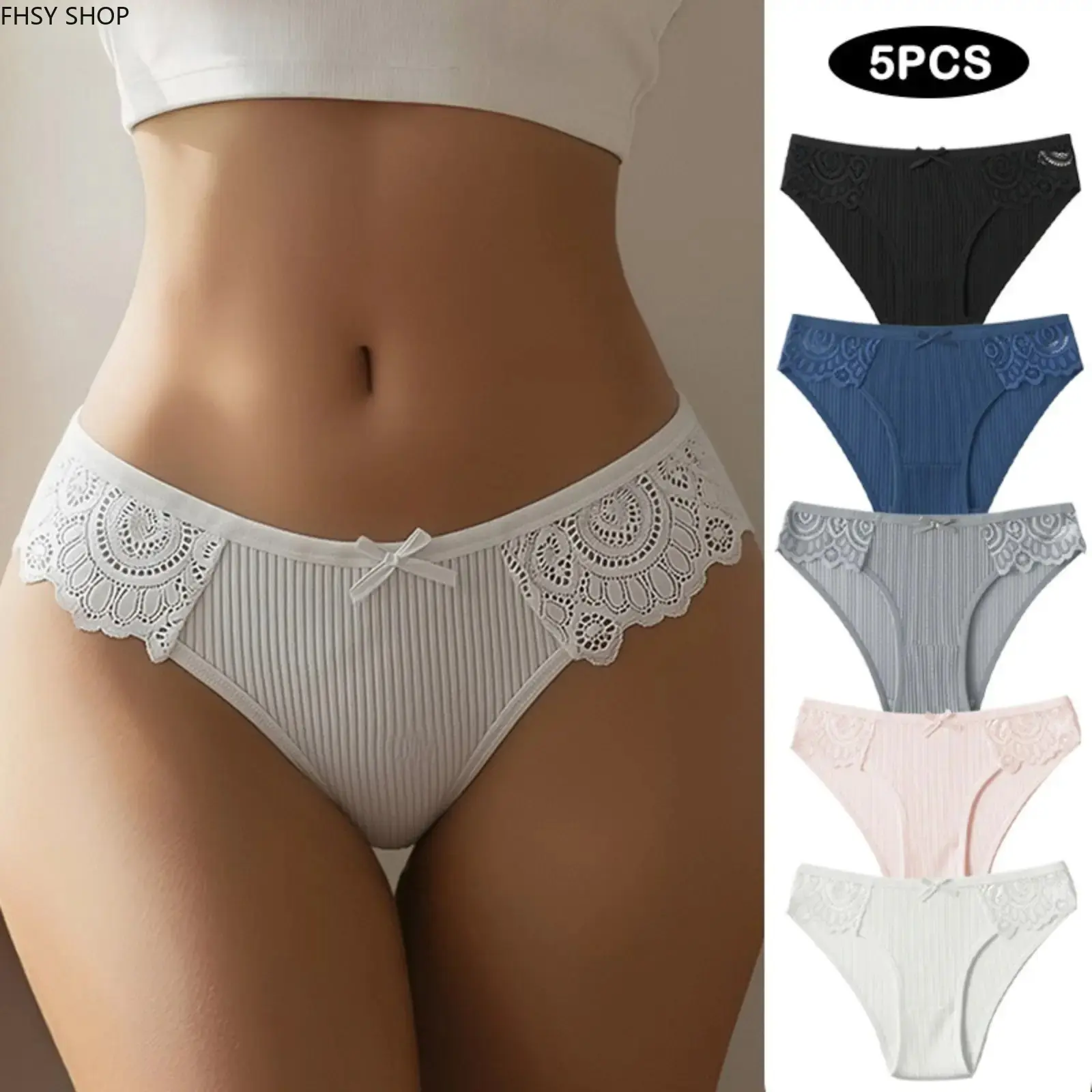 5Pcs Ribbed Cotton Bikini Briefs for Women, Sexy Lace Patchwork Bowknot Panties with Soft Stretchy Fabric, Breathable Underwear Multipack for Yoga, Lounge & Daily Wear